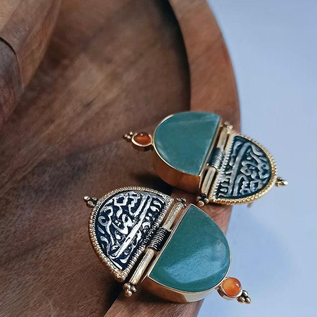 Persian Earrings-Handmade Silver Earrings with Persian Coin and Green Natural Gemstone:Persian Jewelry -AFRA ART GALLERY