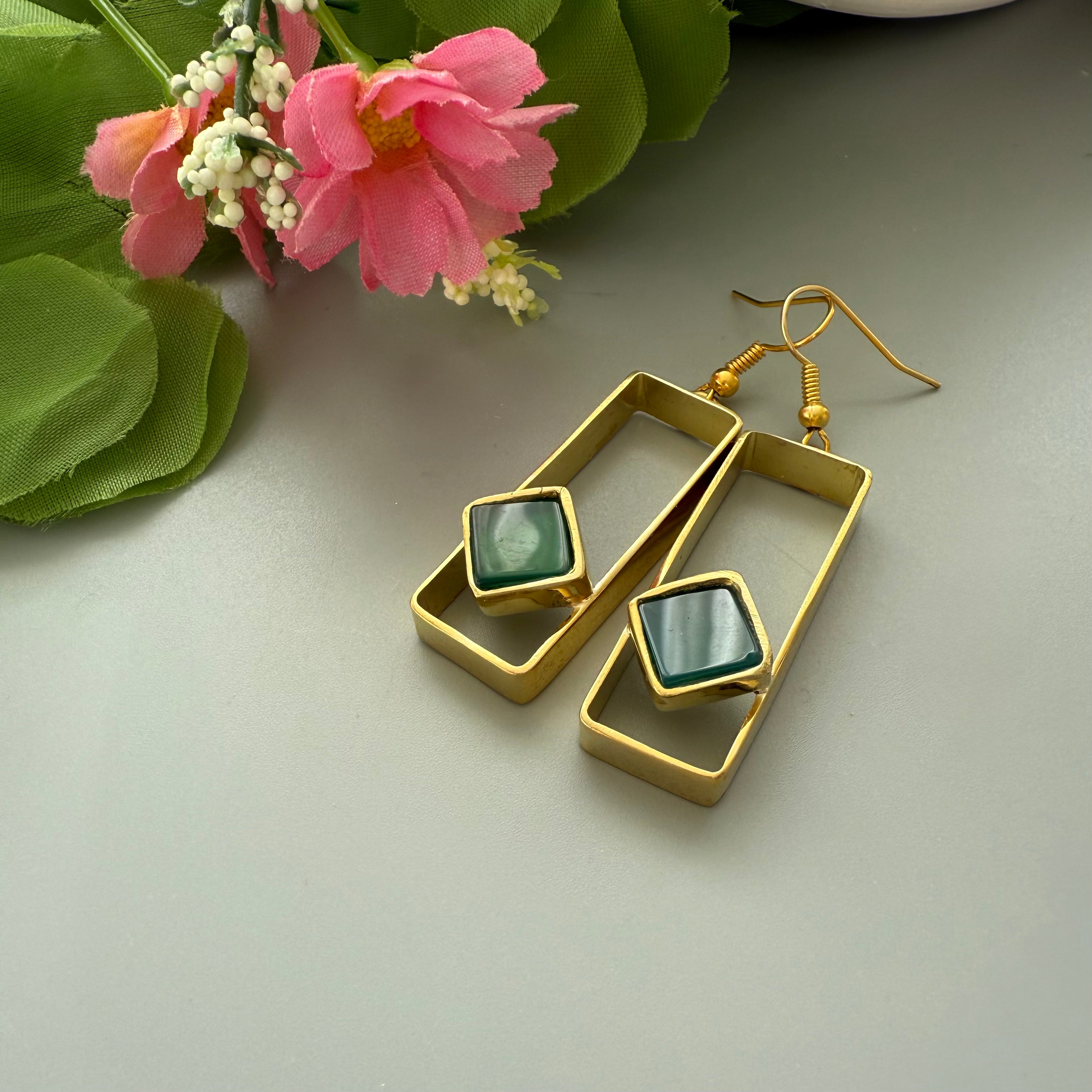 Persian Earrings-Handmade Brass Rectangle Earrings with Agate:Persian Jewelry -AFRA ART GALLERY