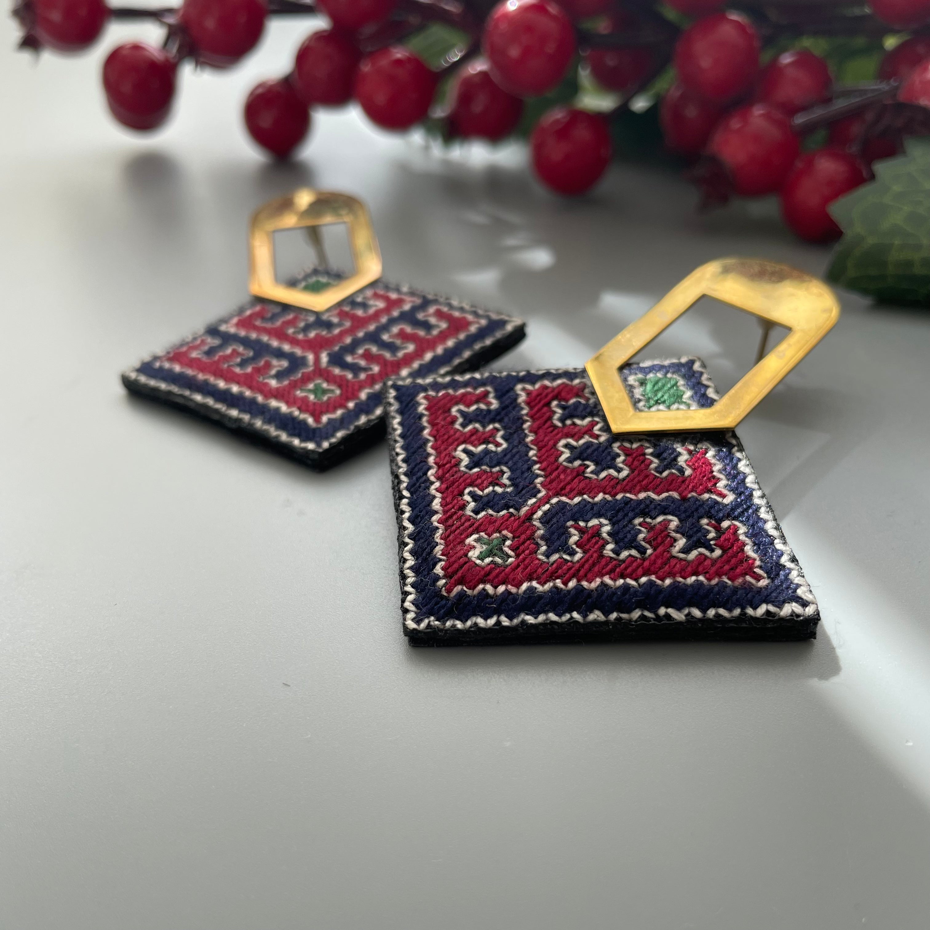 Persian Earrings Persian Embroidery Earrings with Brass Decoration:Persian Jewelry-AFRA ART GALLERY
