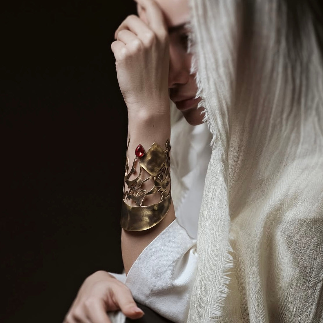 Handmade Persian Calligraphy Bangle with Red Crystal