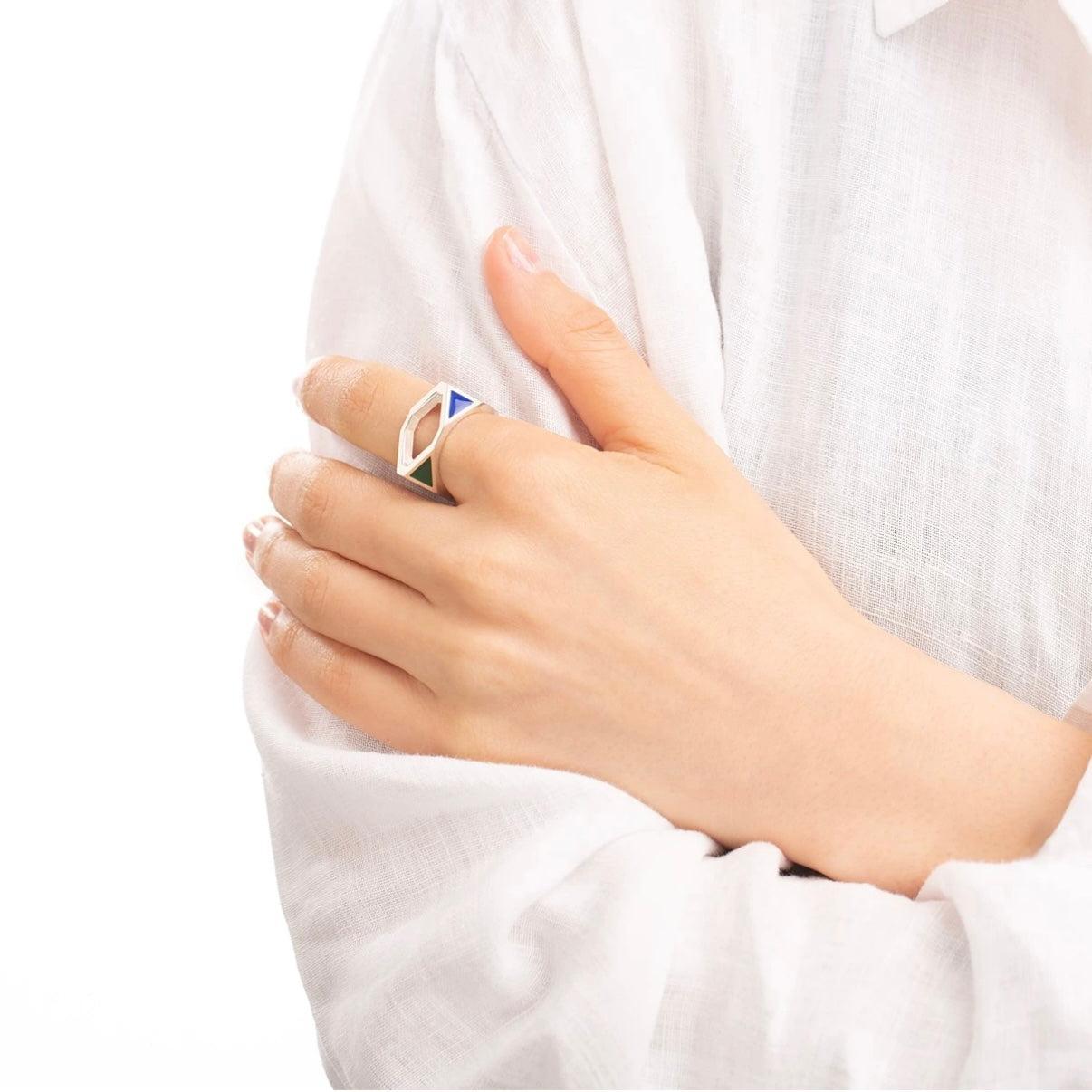 Award Winning Handmade Silver Ring with Enamel in Blue and Withe