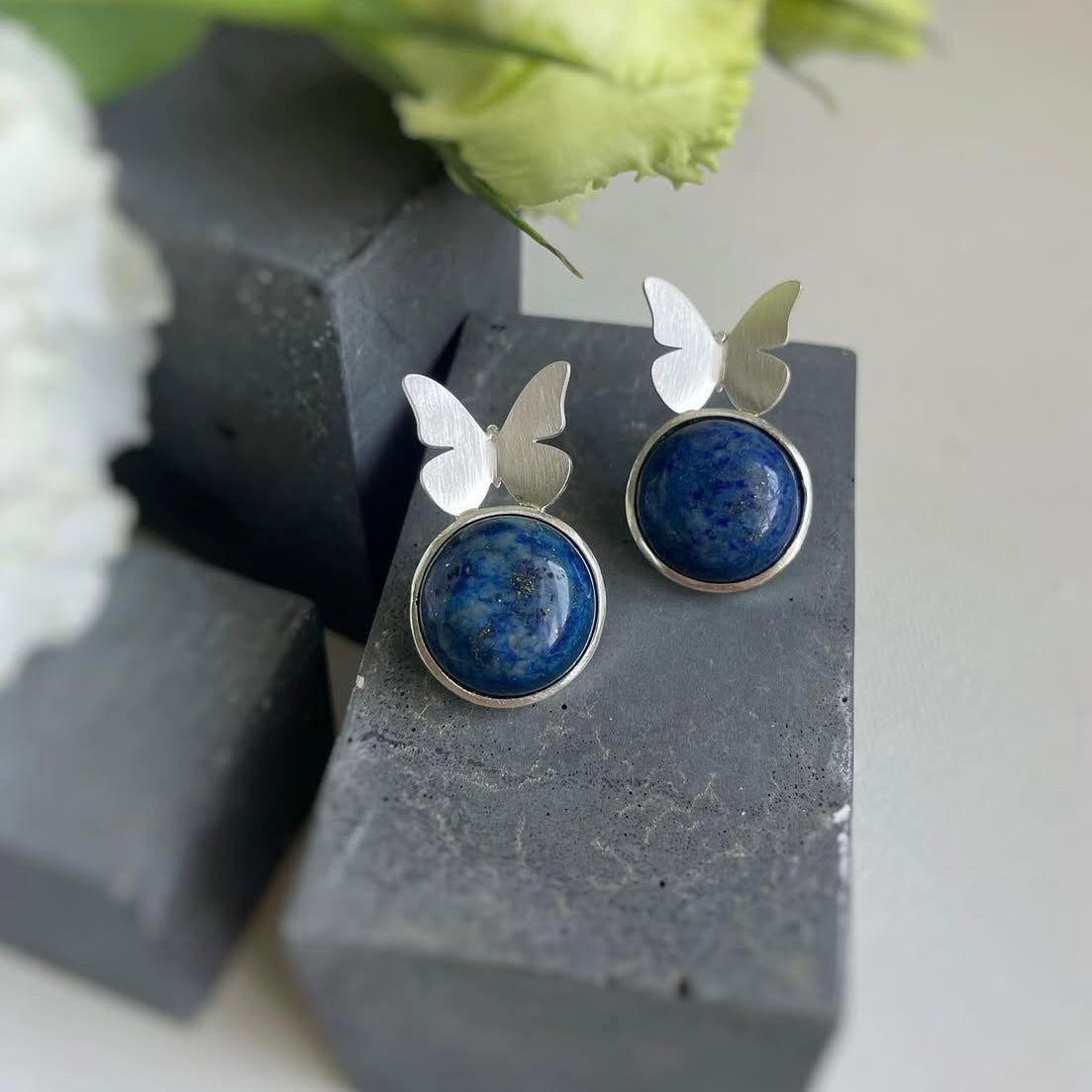 Persian Silver Earrings with Lazuli and Butterfly