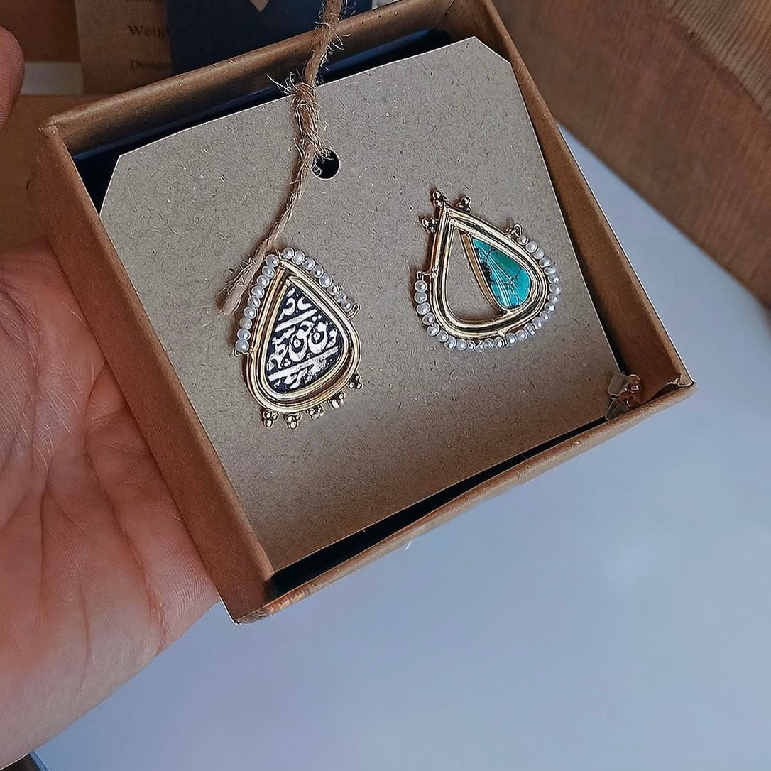 Handmade Asymmetric Silver Earrings with Persian Coin and Turquoise