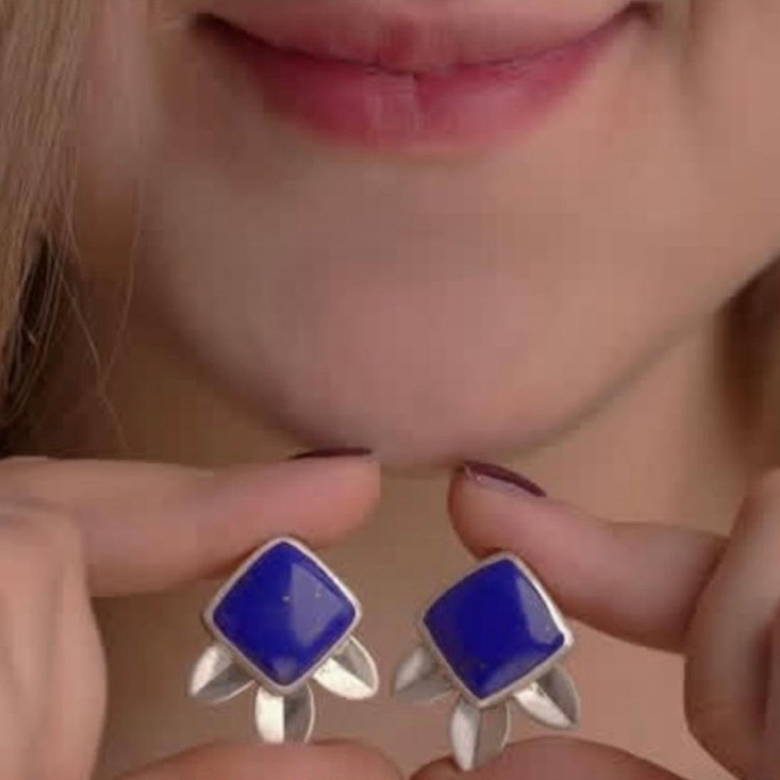 Persian Earrings-Silver Flower Shaped Earrings with Lazuli:Persian Jewelry -AFRA ART GALLERY