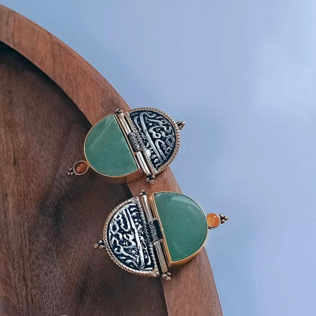 Persian Earrings-Handmade Silver Earrings with Persian Coin and Green Natural Gemstone:Persian Jewelry -AFRA ART GALLERY