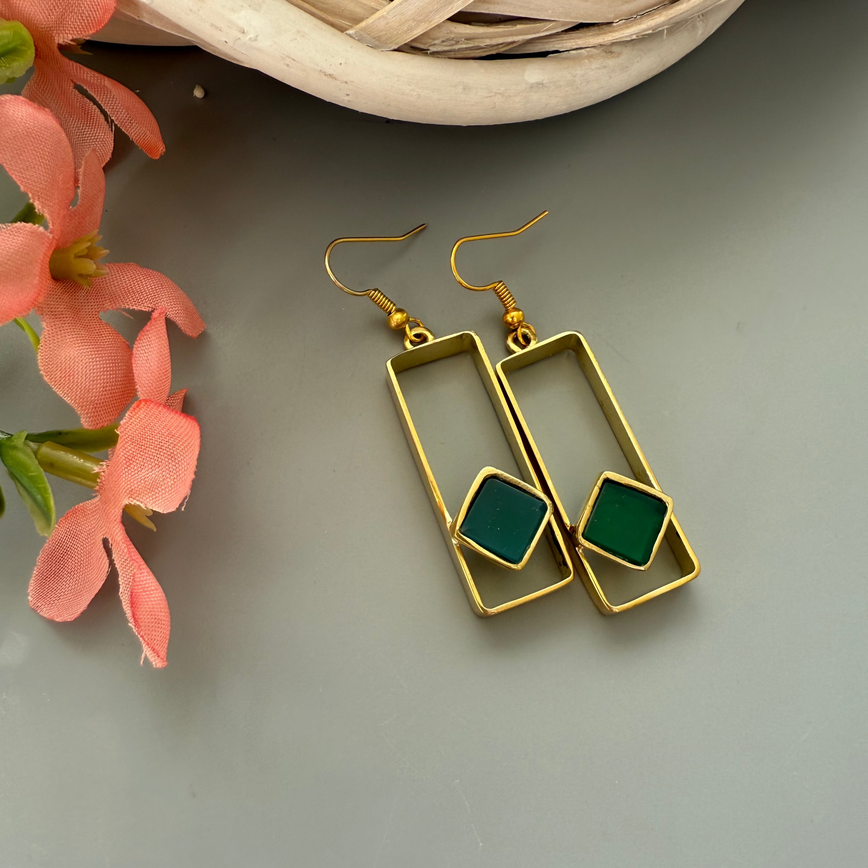 Persian Earrings-Handmade Brass Rectangle Earrings with Agate:Persian Jewelry -AFRA ART GALLERY