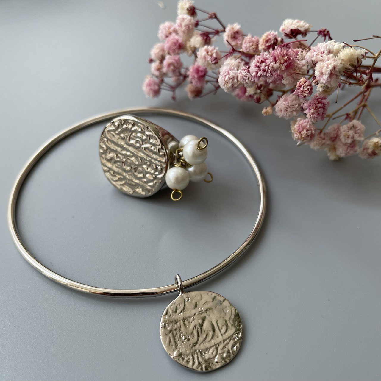 Persian Rings-Coin Signed Ring with Pearls: Persian Jewelry-AFRA ART GALLERY