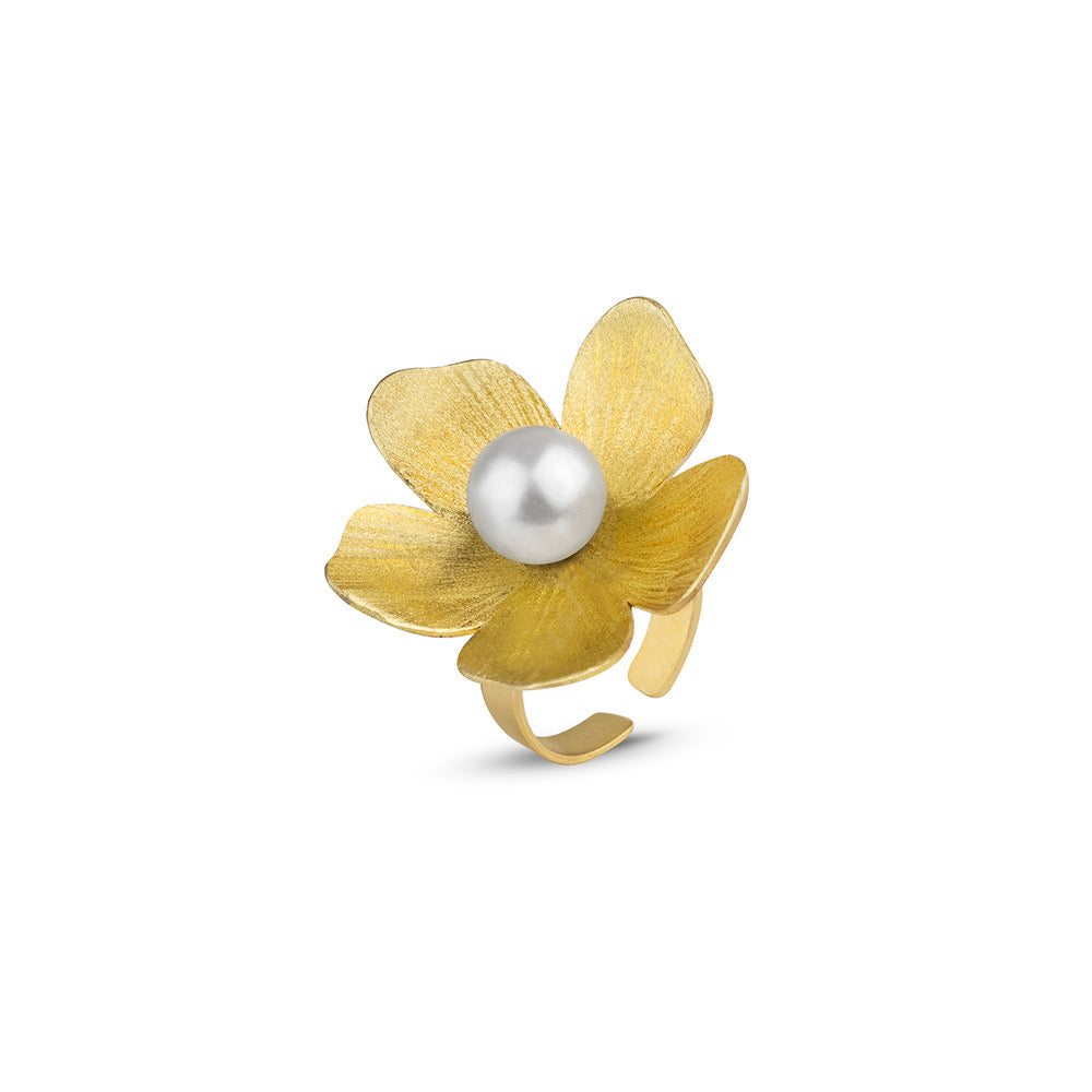 Persian Rings-Brass Flower Shaped Ring with Pearl: Persian Jewelry-AFRA ART GALLERY