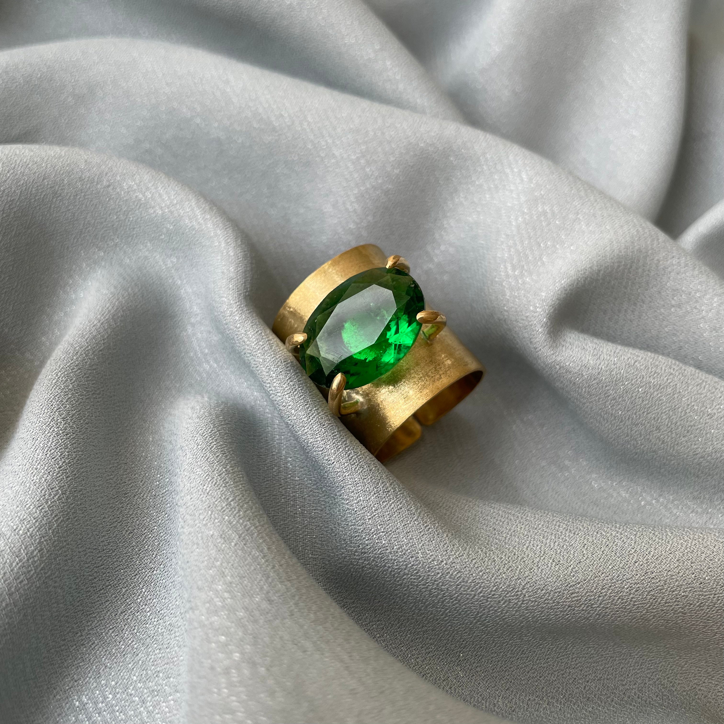 Persian Rings-Brass Handmade Ring with Green Crystal: Persian Jewelry-AFRA ART GALLERY