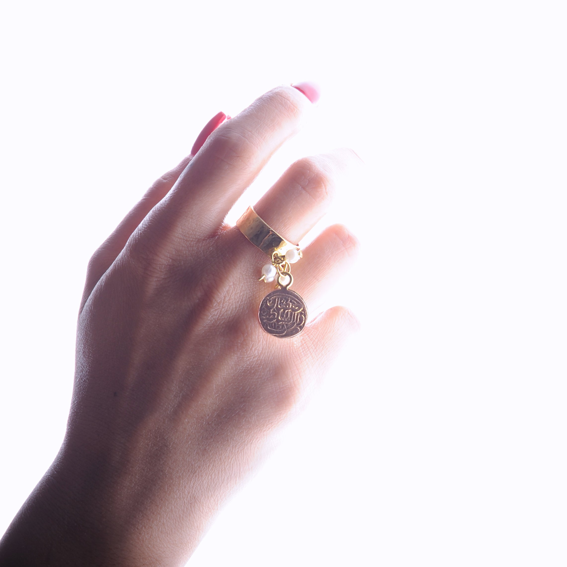 Persian Rings-Persian Brass Ring with Coin Charm and Pearl: Persian Jewelry-AFRA ART GALLERY