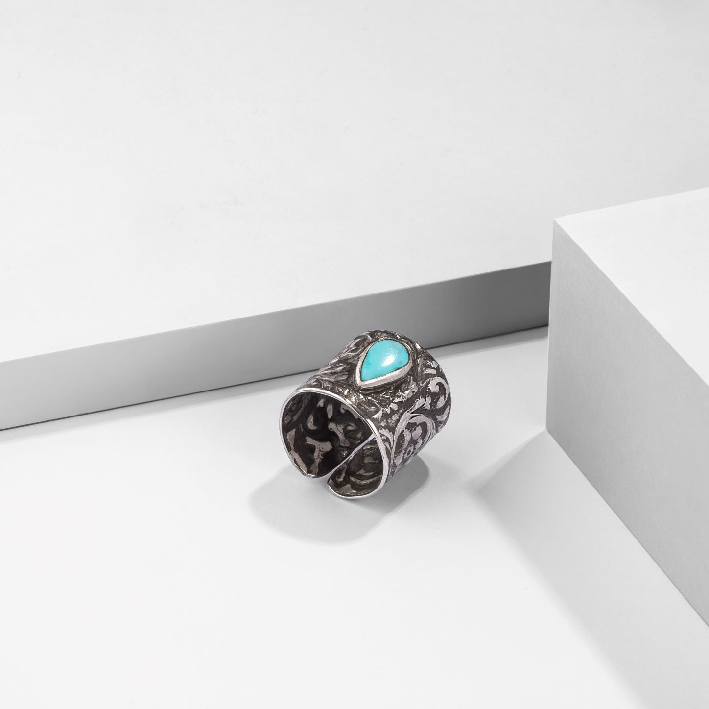 Persian Turquoise Jewelry-Handmade Silver Engraved Ring With Turquoise: Persian Jewelry-AFRA ART GALLERY