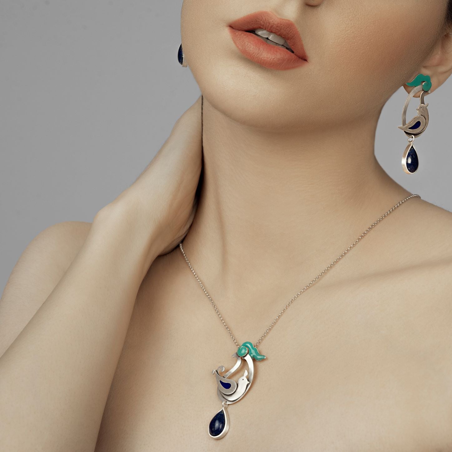 Persian Necklace Handmade Flower and Bird Necklace with Enamel and Lazuli: Persian Jewelry-AFRA ART GALLERY