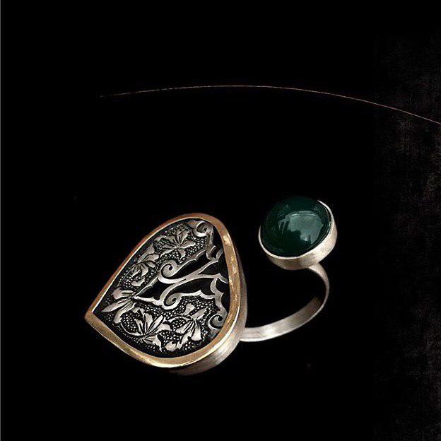 Persian Rings-Persian Ghalamzani Ring with Green Natural Agate: Persian Jewelry-Afra Art Gallery