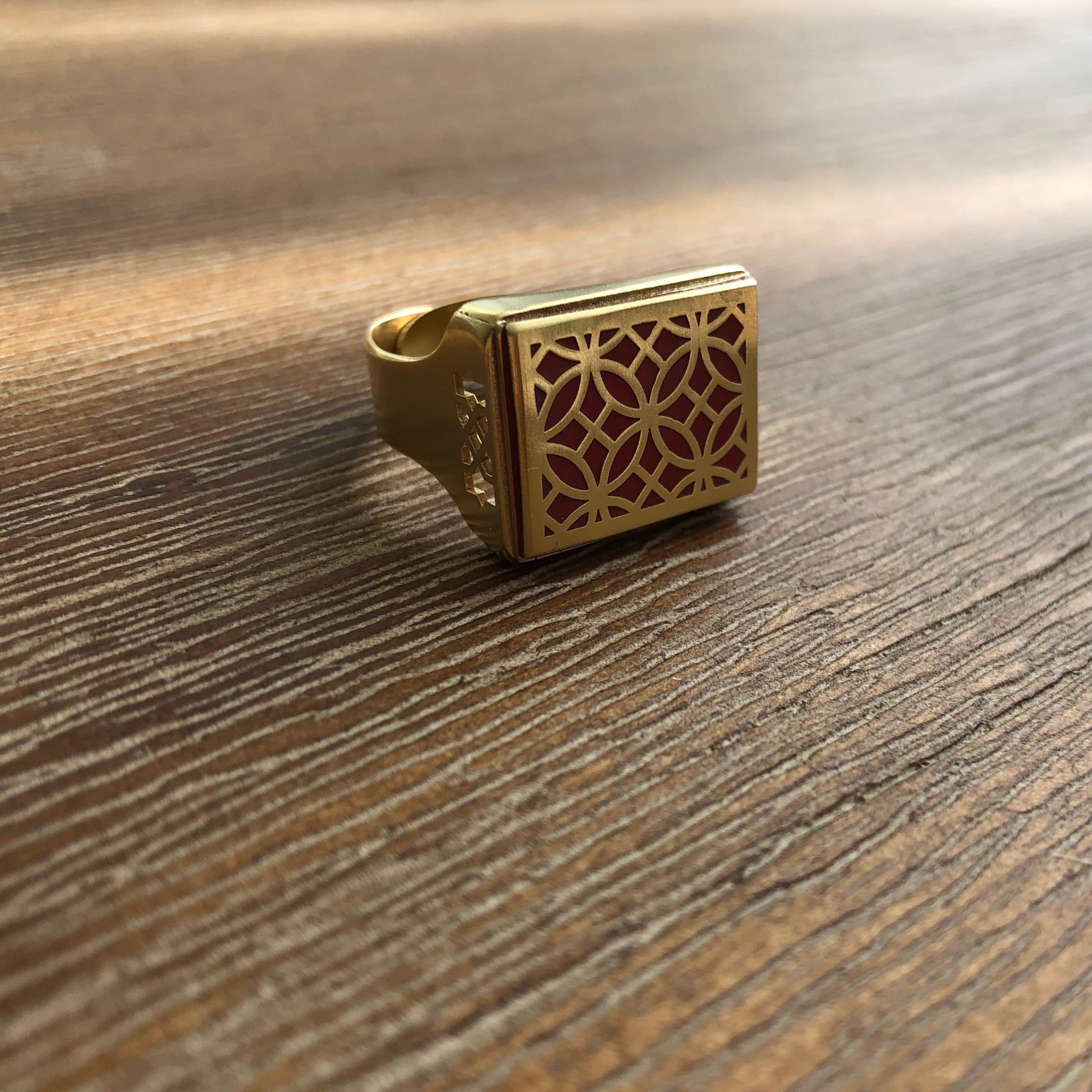 Persian Rings-Handmade Brass Ring with Persian Pattern in Red: Persian Jewelry-Afra Art Gallery
