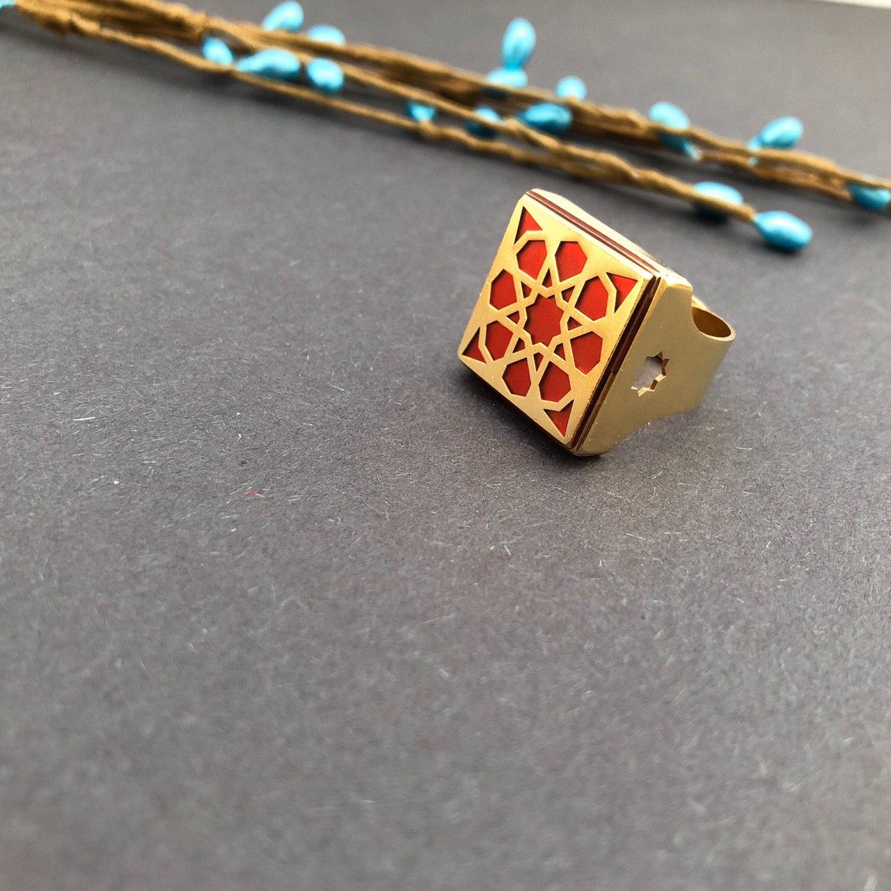 Persian Rings-Persian Brass Square Ring with Red Pattern: Persian Jewelry-Afra Art Gallery