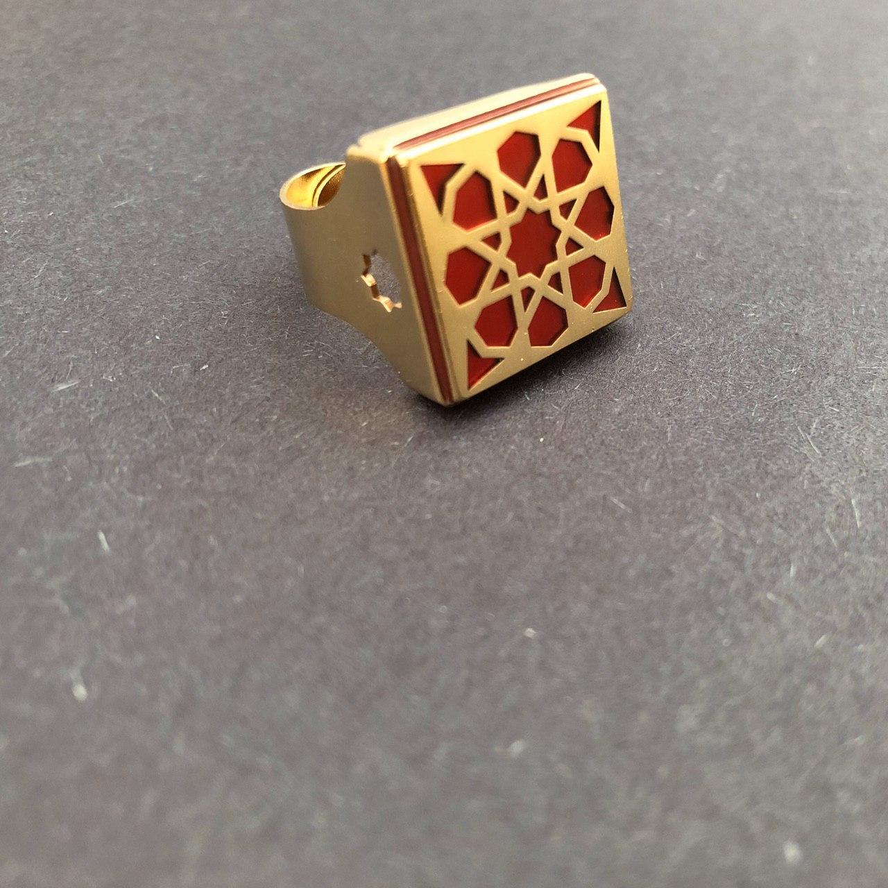 Persian Rings-Persian Brass Square Ring with Red Pattern: Persian Jewelry-Afra Art Gallery