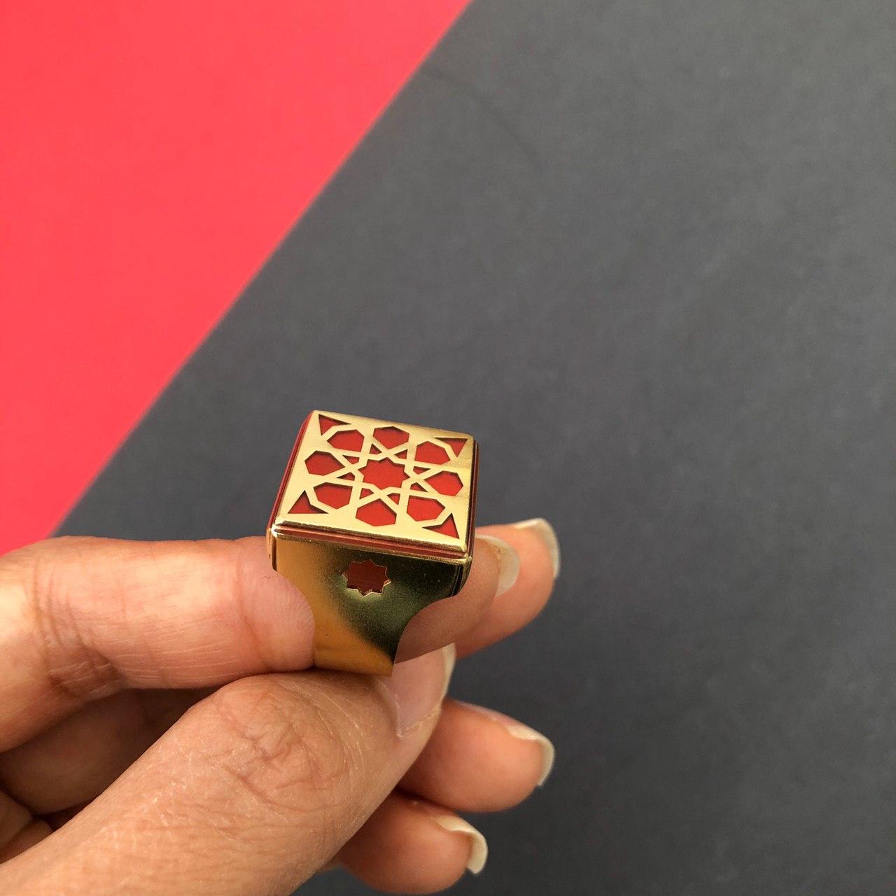 Persian Rings-Persian Brass Square Ring with Red Pattern: Persian Jewelry-Afra Art Gallery