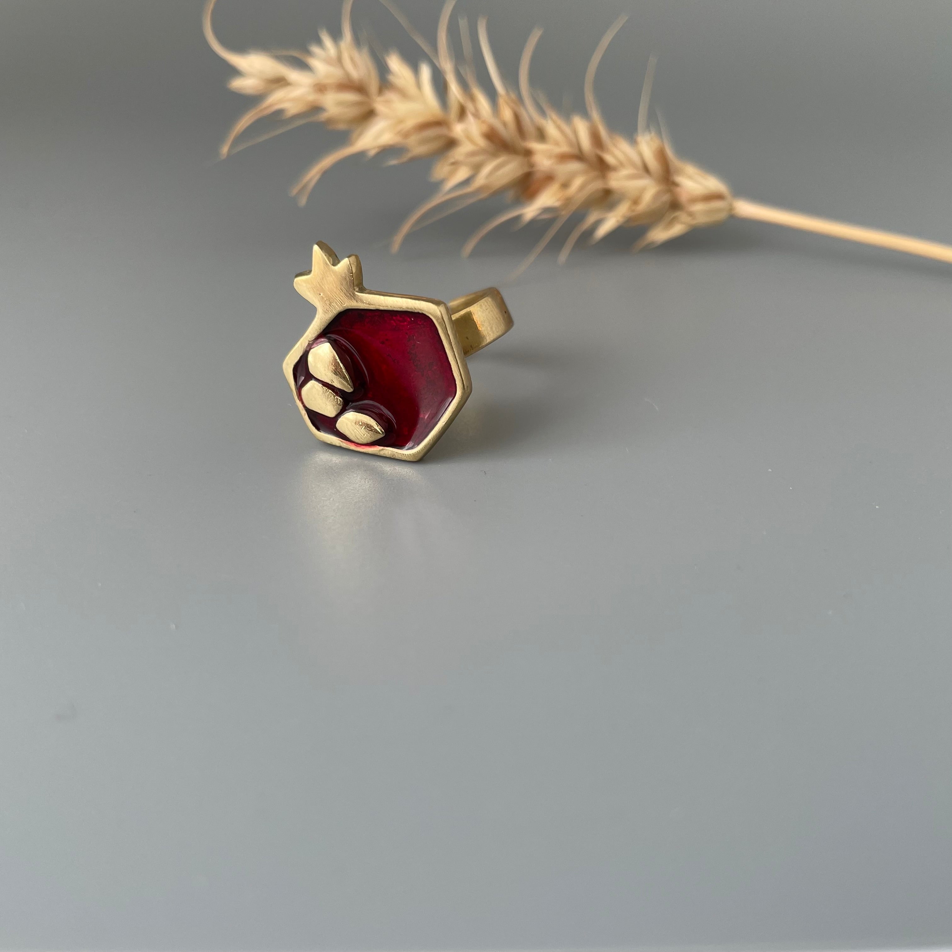 Persian Rings-Pomegranate Shaped Brass Ring with Red Enamel: Persian Jewelry-AFRA ART GALLERY