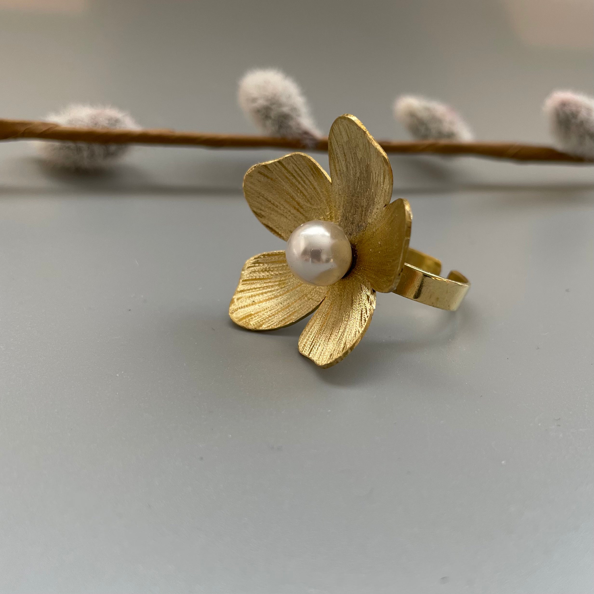 Persian Rings-Brass Flower Shaped Ring with Pearl: Persian Jewelry-AFRA ART GALLERY