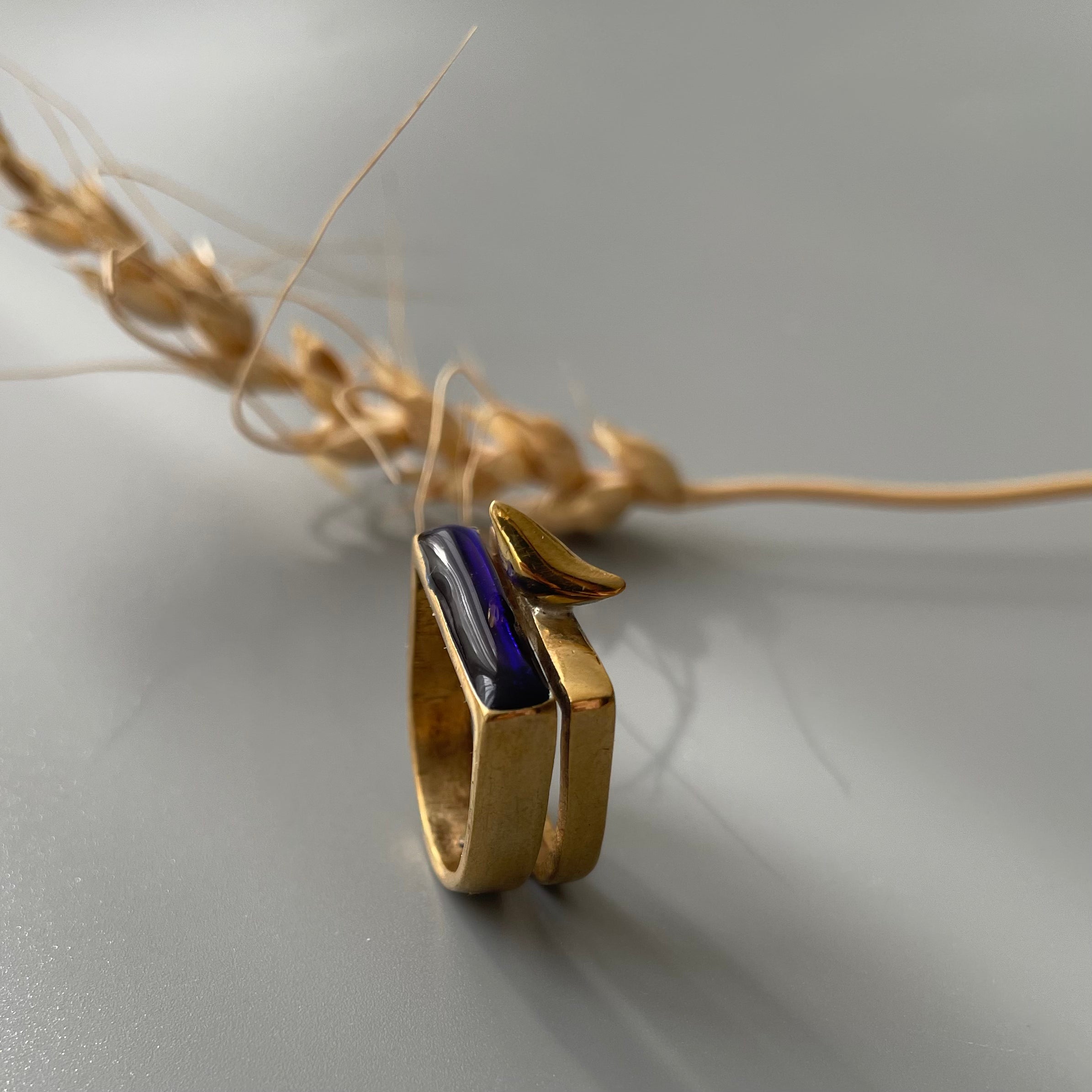 Persian Rings-Persian Brass Ring with Enamel in Dark Blue and Bird: Persian Jewelry-AFRA ART GALLERY