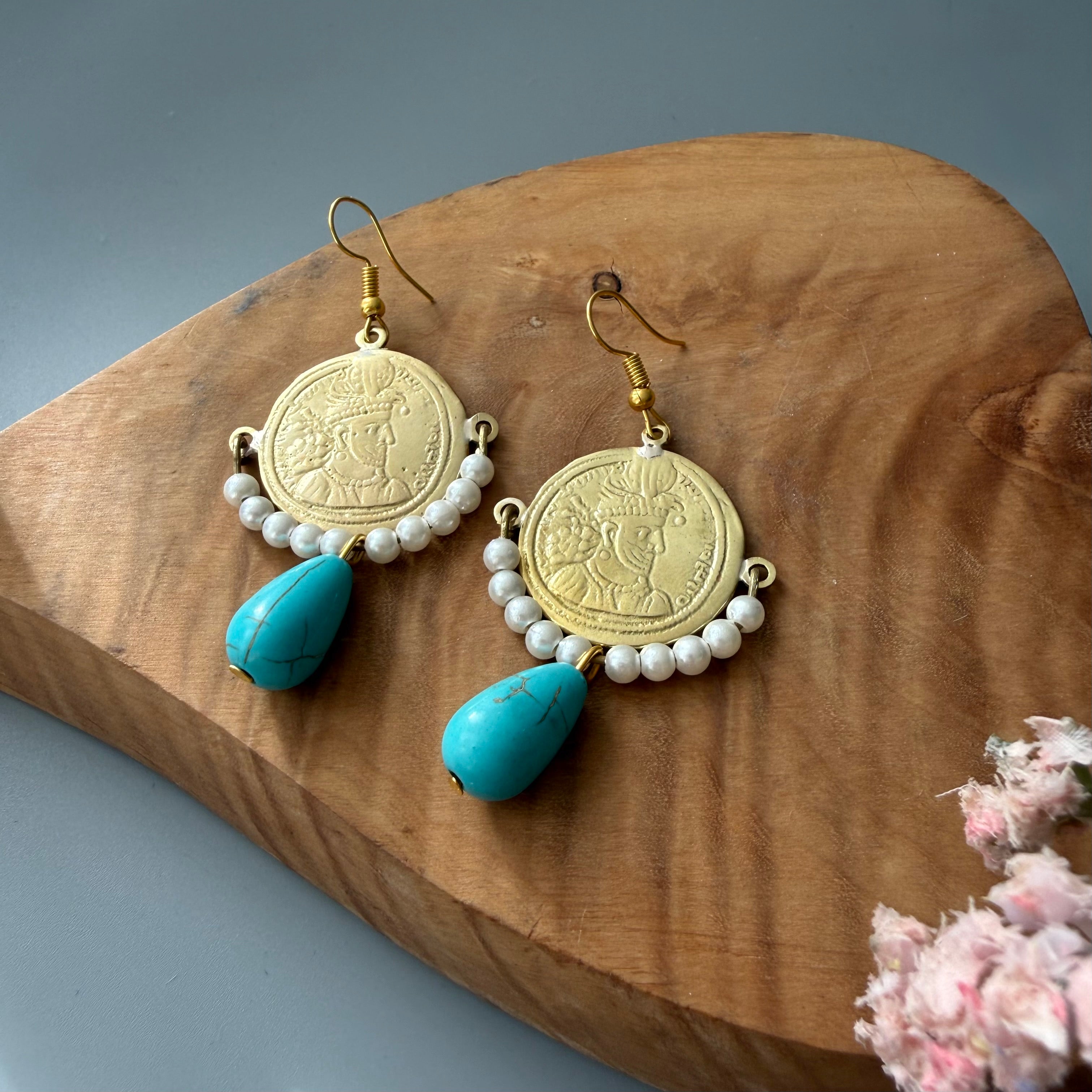 Achaemenid Coin Earrings with Pearls and Turquoise