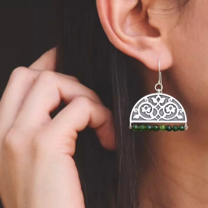 Persian Earrings Handmade Silver Drop Earrings with Green Gemstone:Persian Jewelry-AFRA ART GALLERY