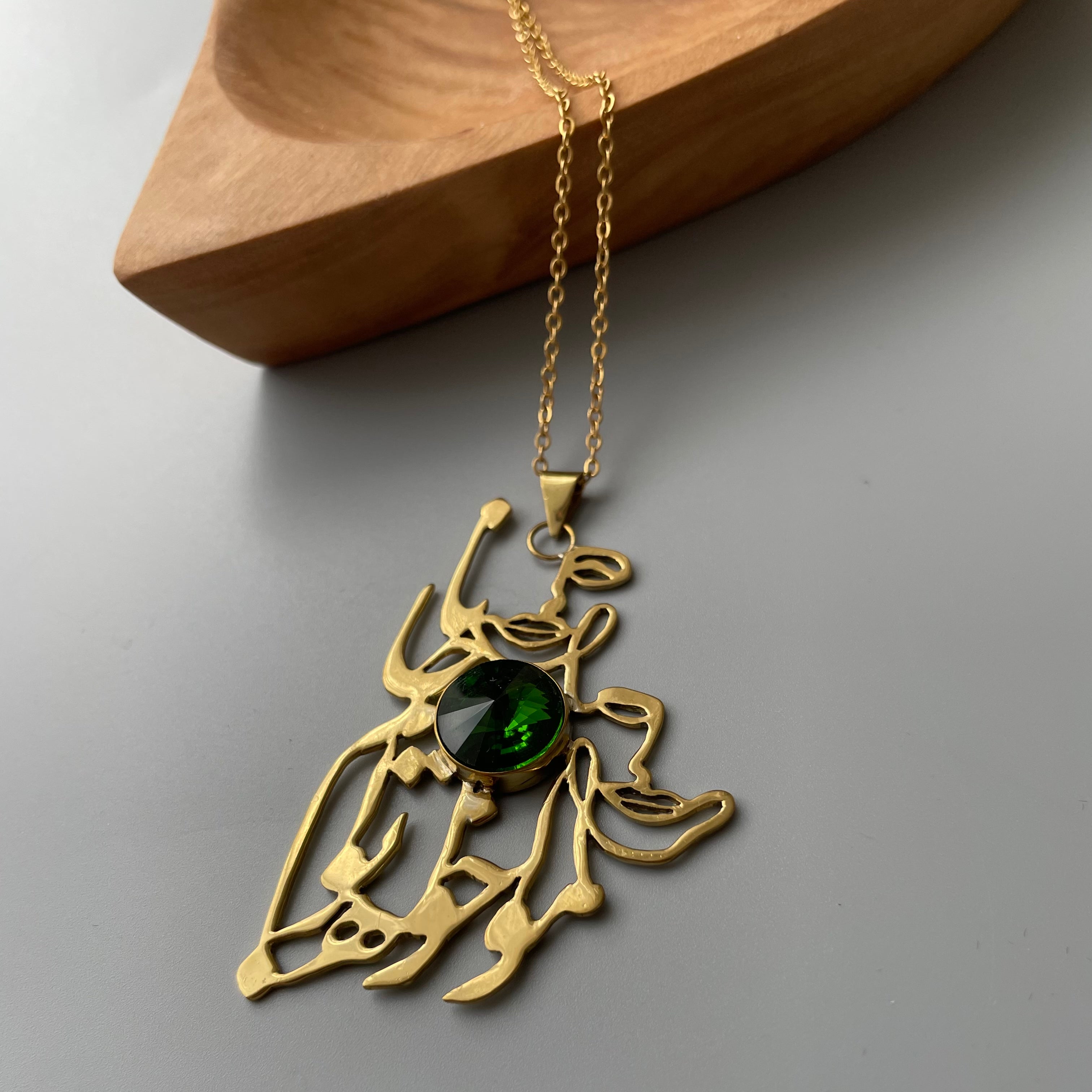 Handmade Brass Necklace with Persian Calligraphy and Shiny Green Crystal