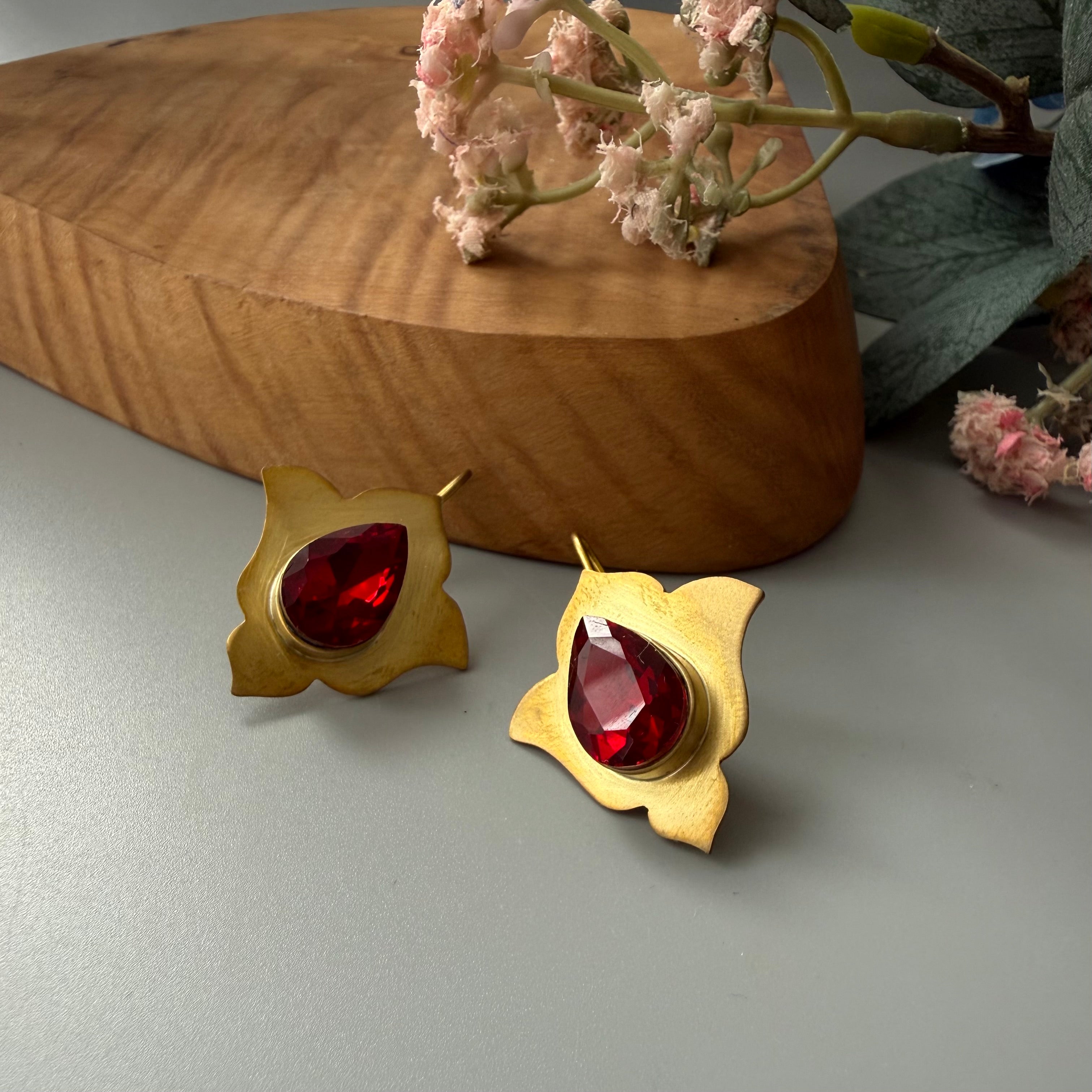 Handmade Brass Earrings with Red Gemstone