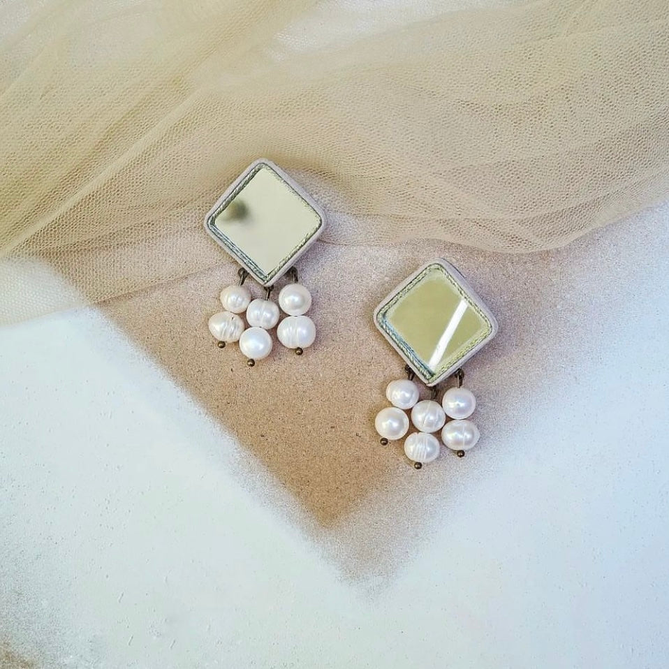 Persian Earrings Mirror Mosaic Earrings with Silk Frame and Pearls:Persian Jewelry-AFRA ART GALLERY