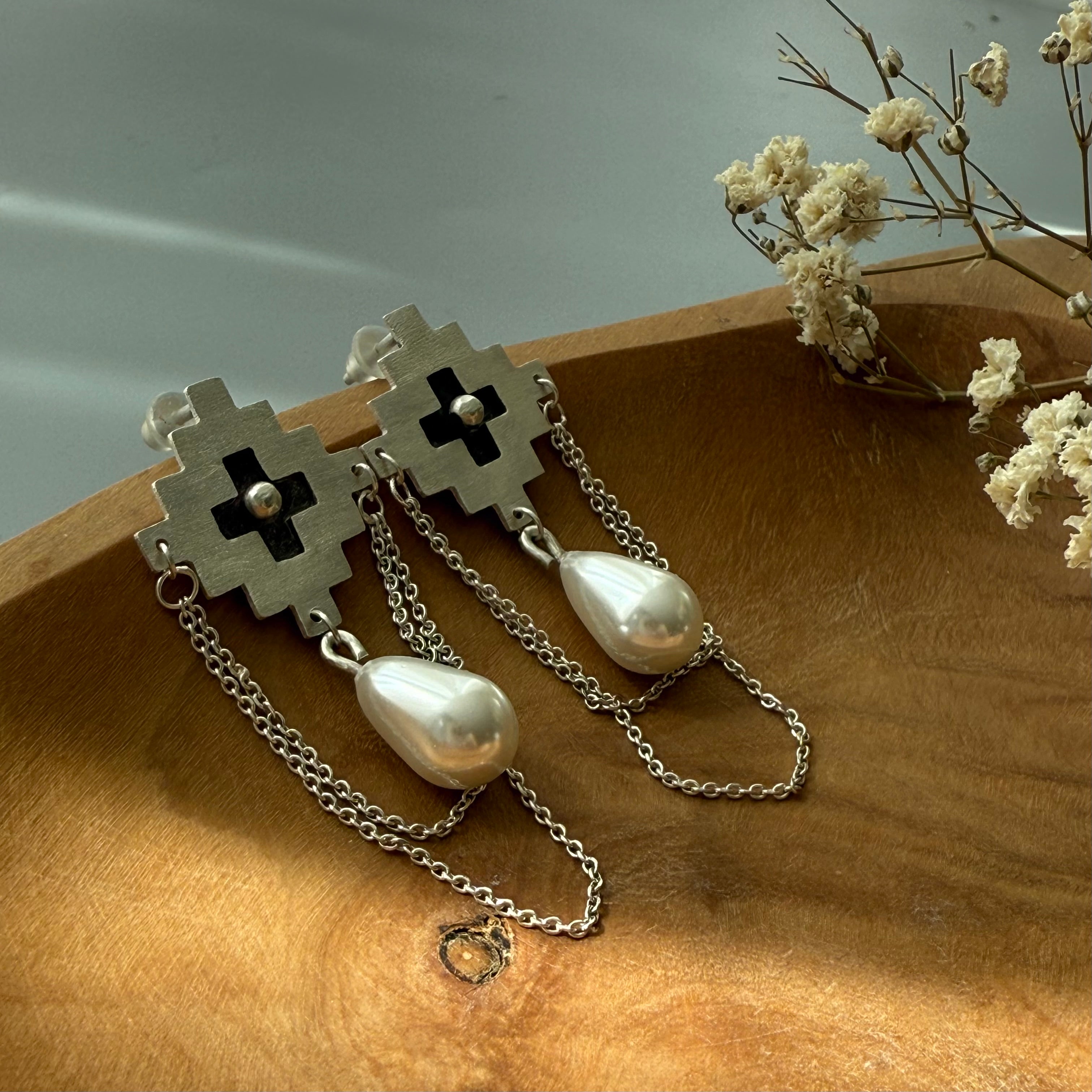 Persian Earrings-Handmade Silver Earring with Qulim Motif and Pearls:Persian Jewelry -AFRA ART GALLERY