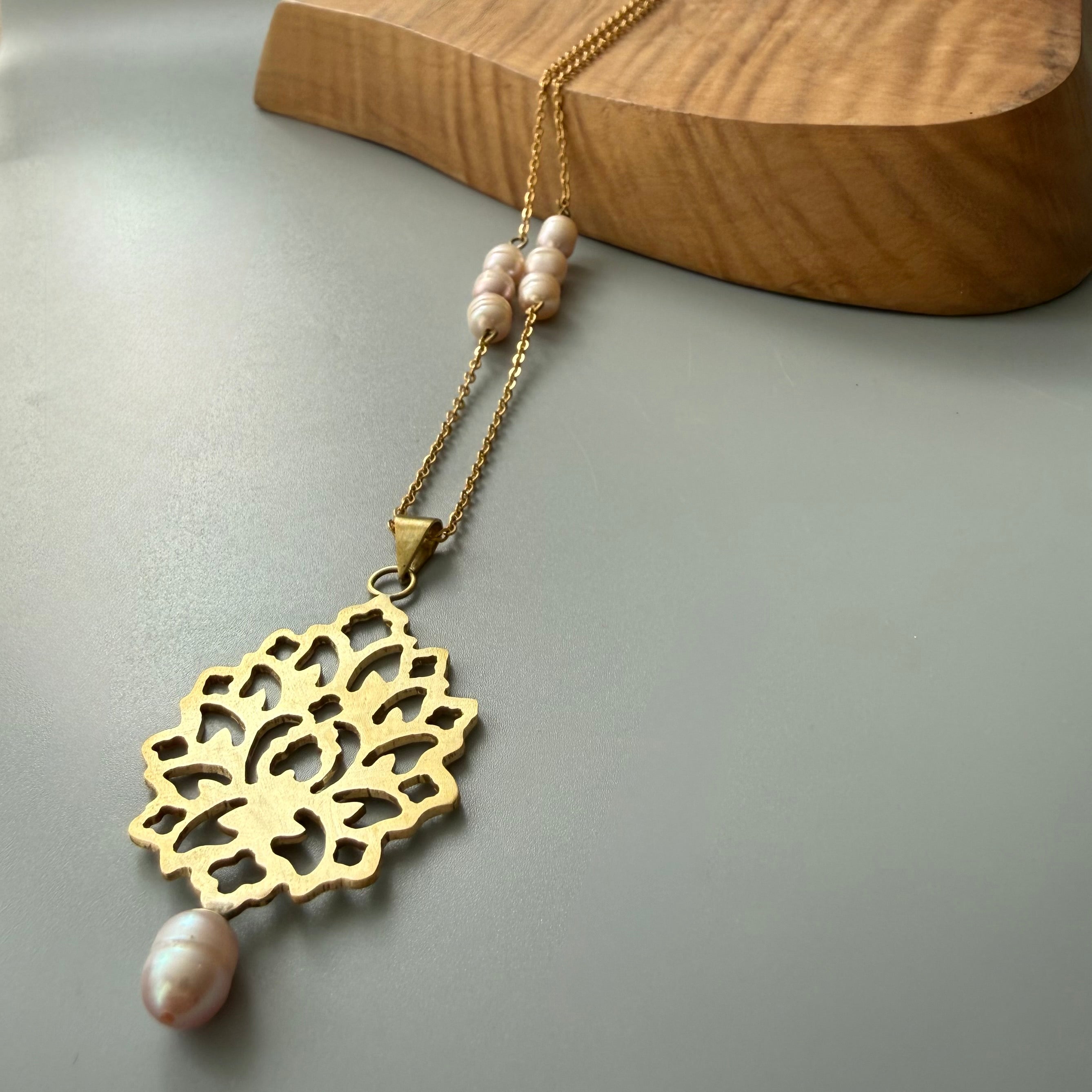 Handmade Brass Necklace Persian Rug Motif and Pearls