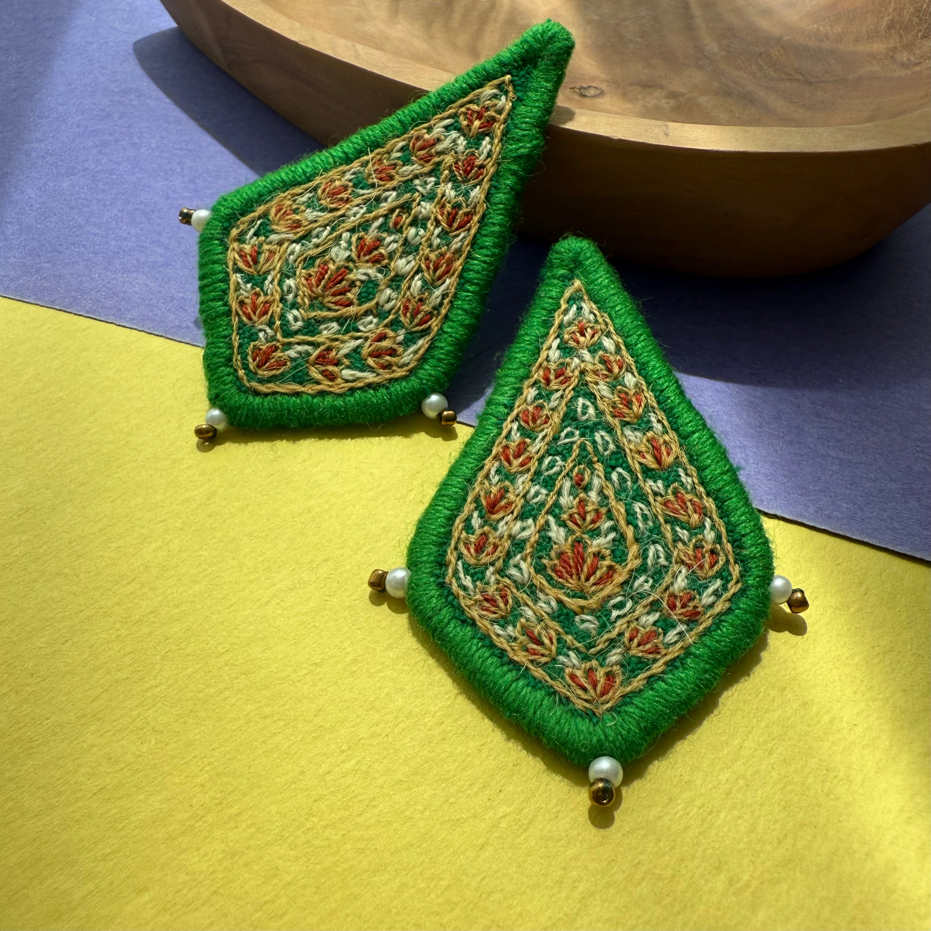 Cypress Earrings with Embroidery in Green