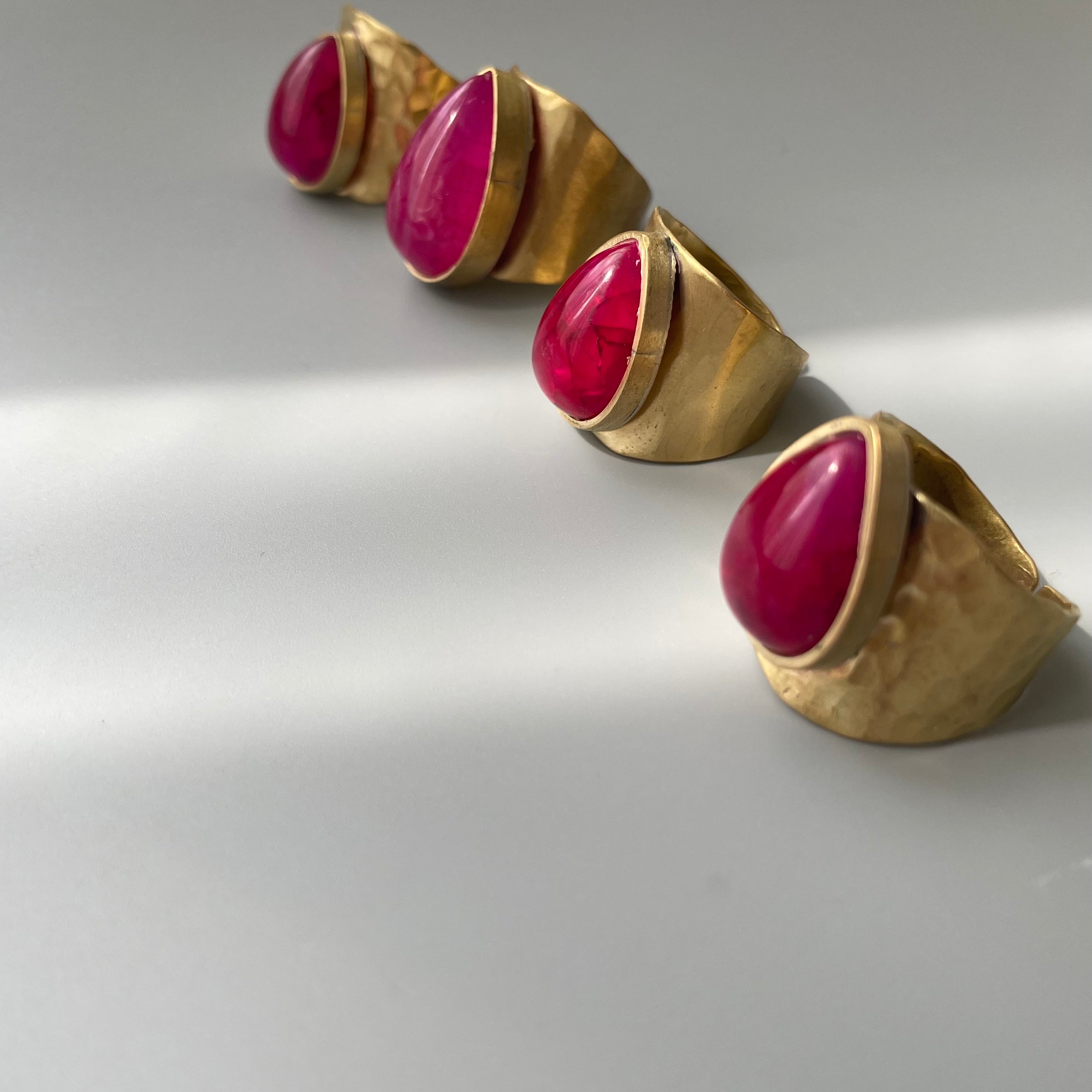 Brass Handmade Ring with Teardrop Shaped Raspberry Colored Gemstone