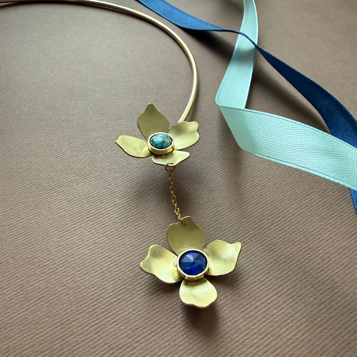 Handmade Brass Flower Choker with Shiny Crystal and Turquoise - AFRA ART GALLERY