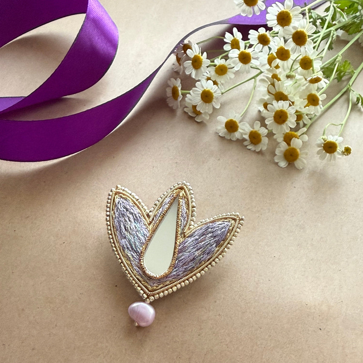 Violet Flower Embroidery Brooch - AFRA ART GALLERY