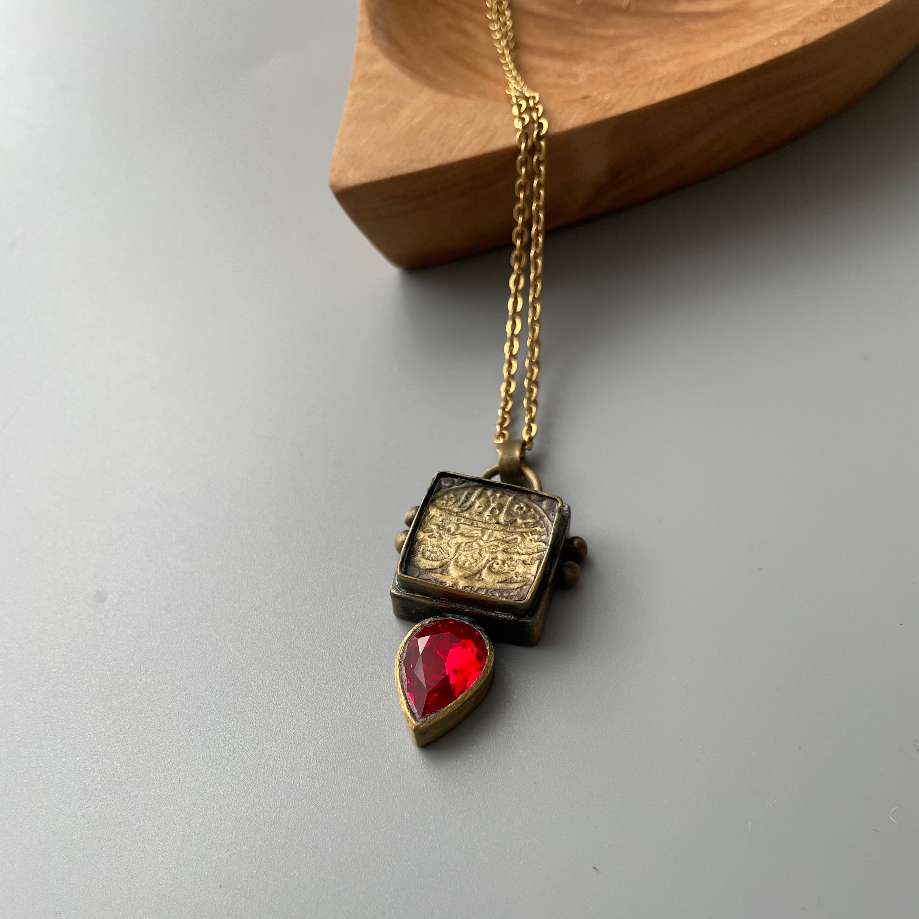 Handmade Necklace with Multiplied Vintage Persian Coin and Red Gemstone