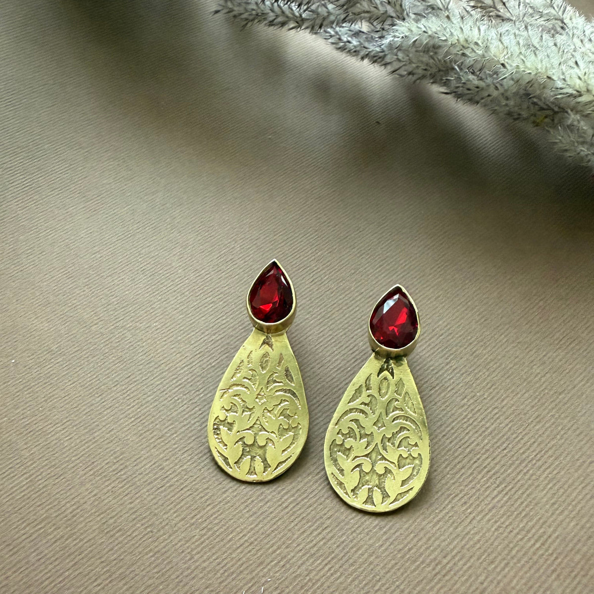 Brass Handmade Teardrop Earrings with Red Crystal