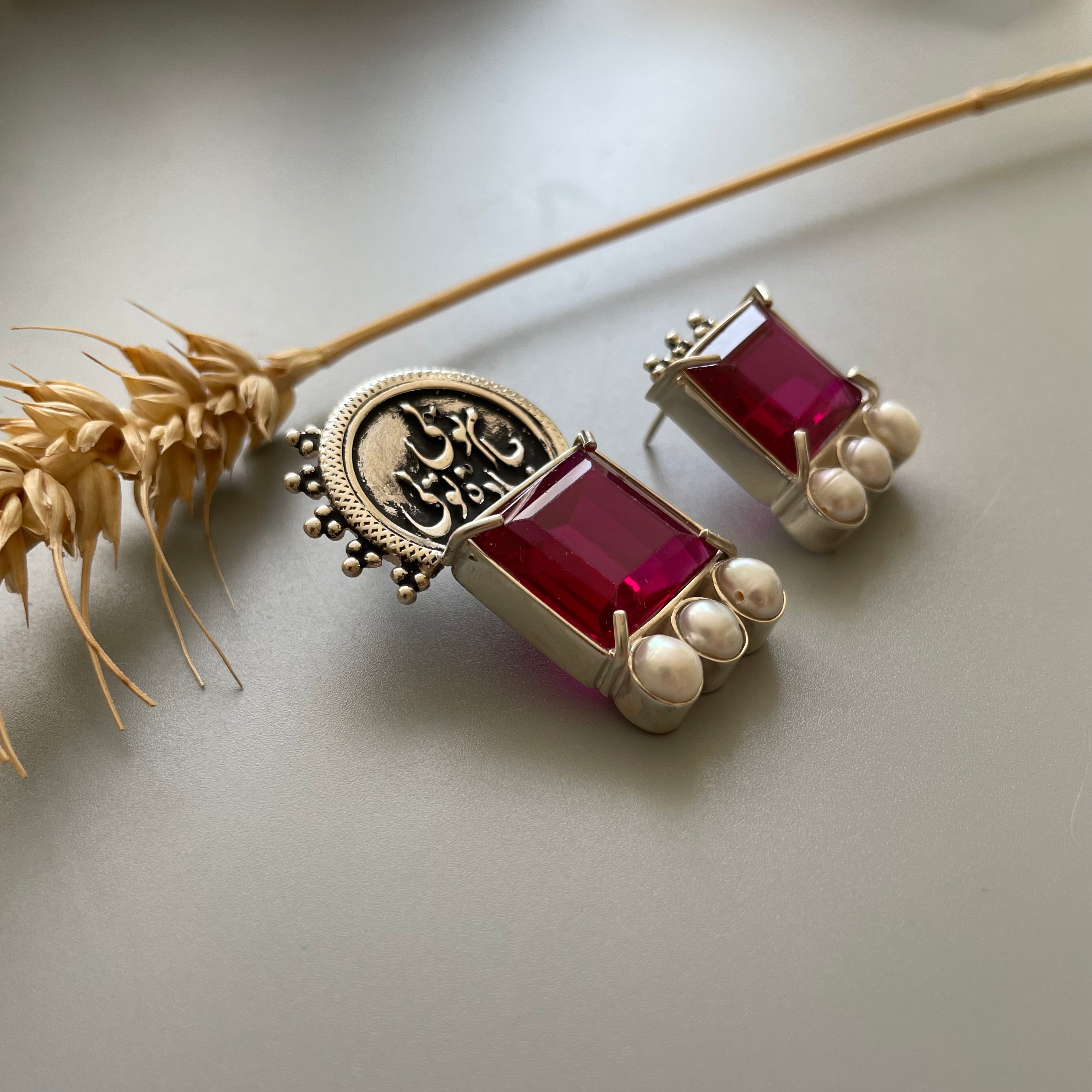 Persian Earrings Handmade Silver Asymmetrical Earrings with Persian Calligraphy and Red Crystal:Persian Jewelry-AFRA ART GALLERY