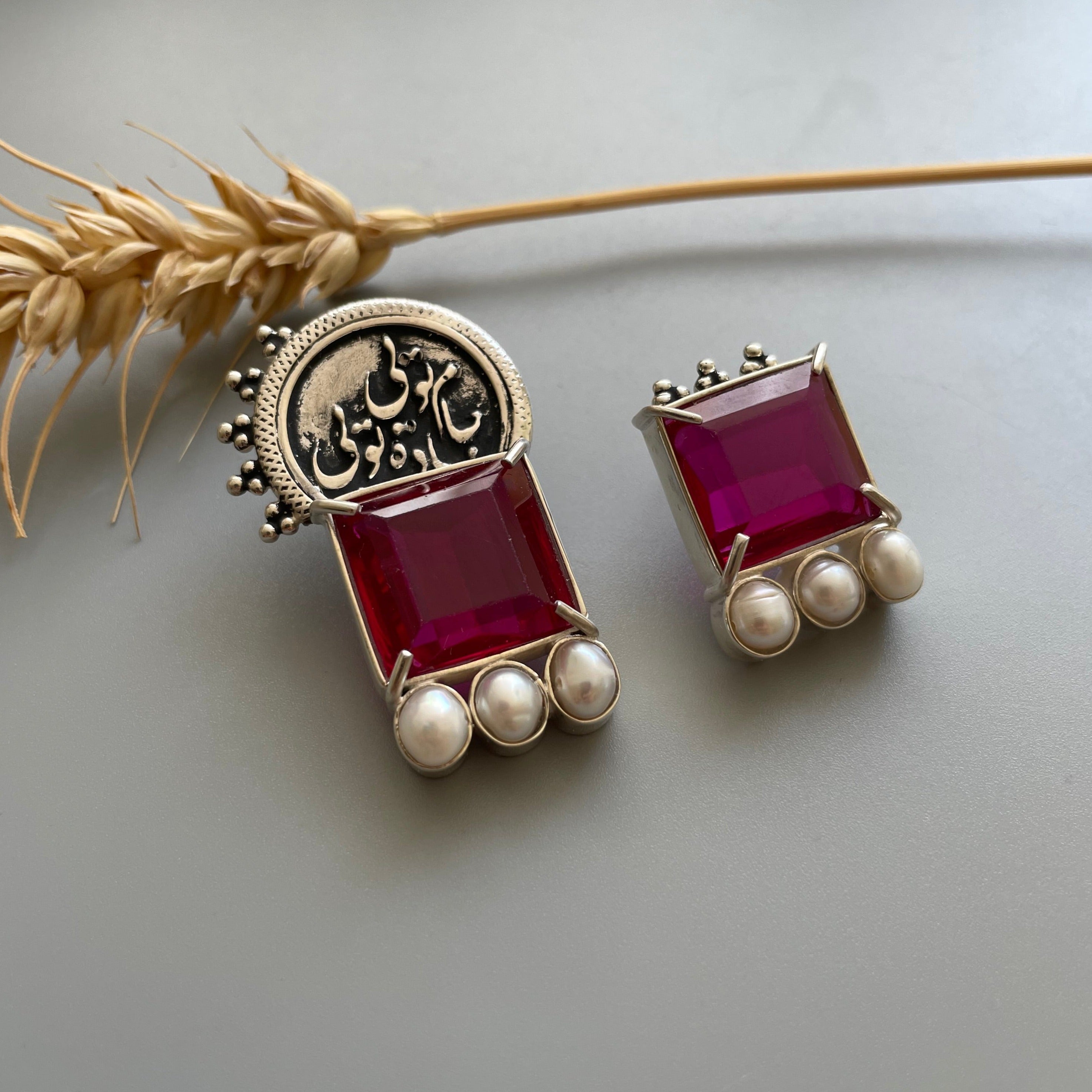 Persian Earrings Handmade Silver Asymmetrical Earrings with Persian Calligraphy and Red Crystal:Persian Jewelry-AFRA ART GALLERY