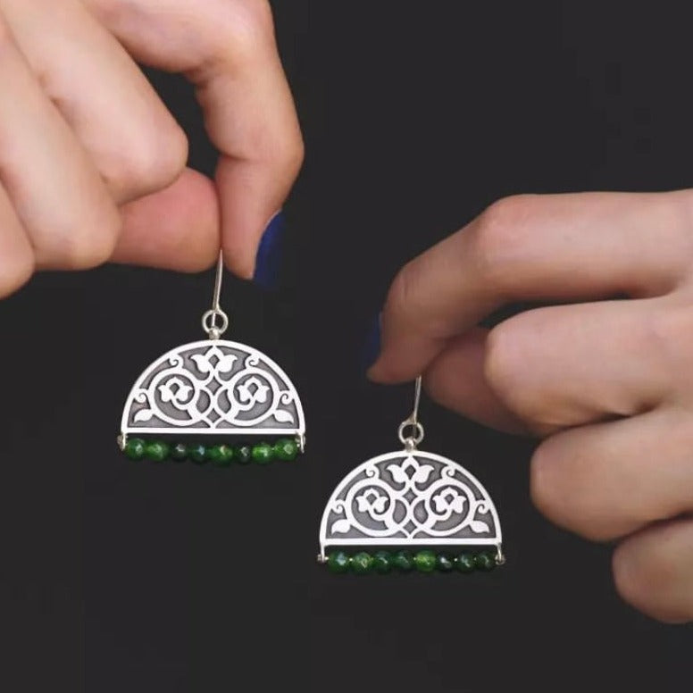 Persian Earrings Handmade Silver Drop Earrings with Green Gemstone:Persian Jewelry-AFRA ART GALLERY