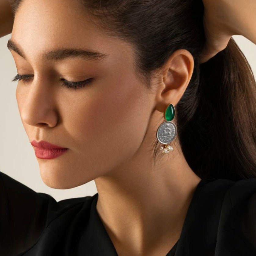Persian Earrings Brass Earrings with Pahlavi Coin and Green Agate:Persian Jewelry-AFRA ART GALLERY