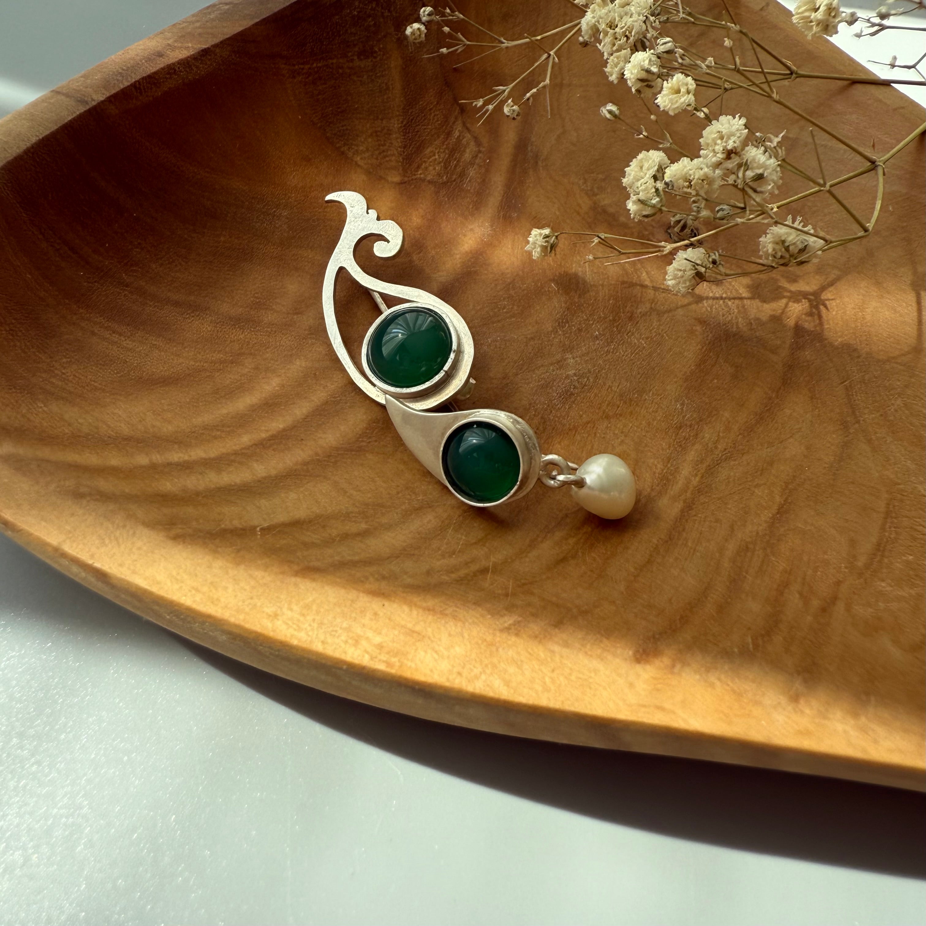 Handmade Asymmetric Silver Earrings with Green agate