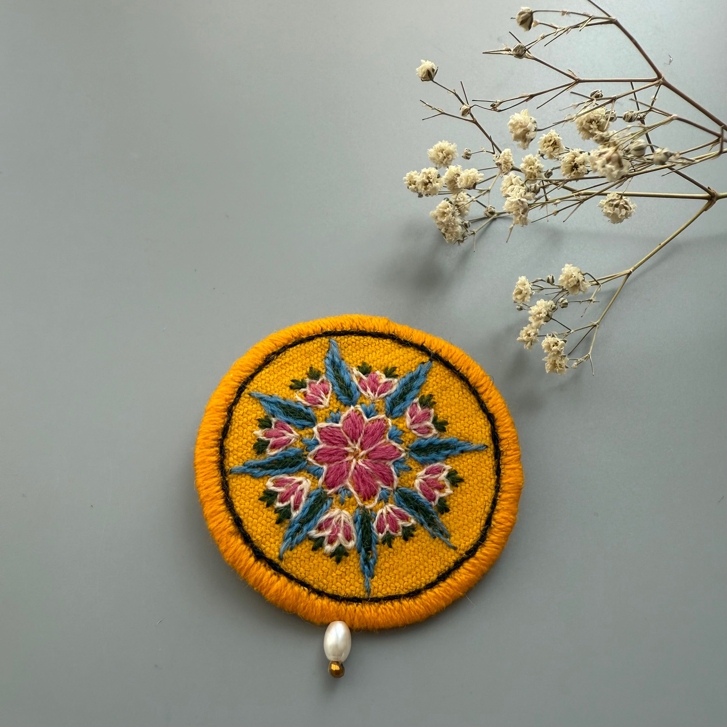 Full circle Embroidery Brooch in Yellow Shade