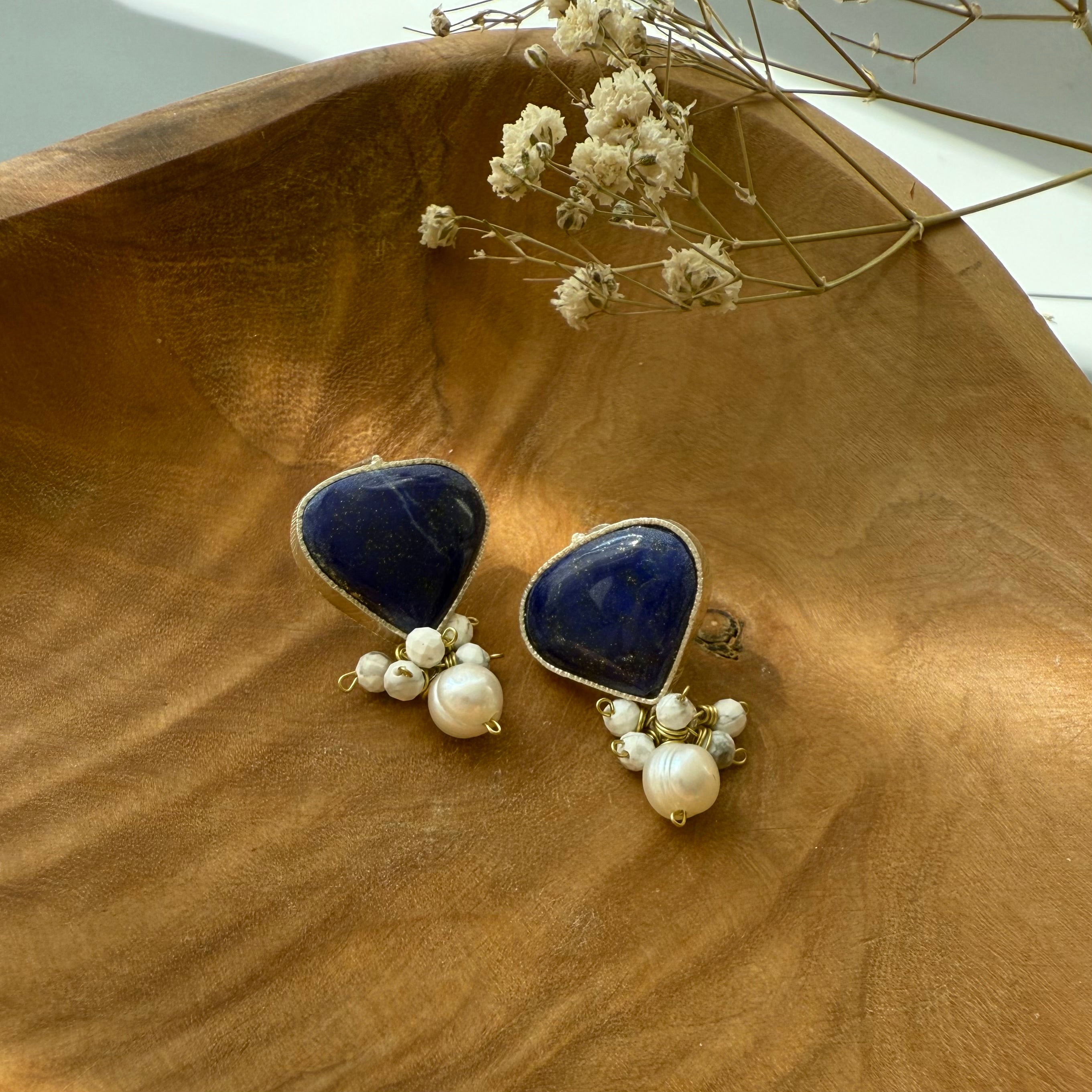 Persian Earrings-Classic Silver Earrings with Lapis Lazuli and Pearls:Persian Jewelry -AFRA ART GALLERY