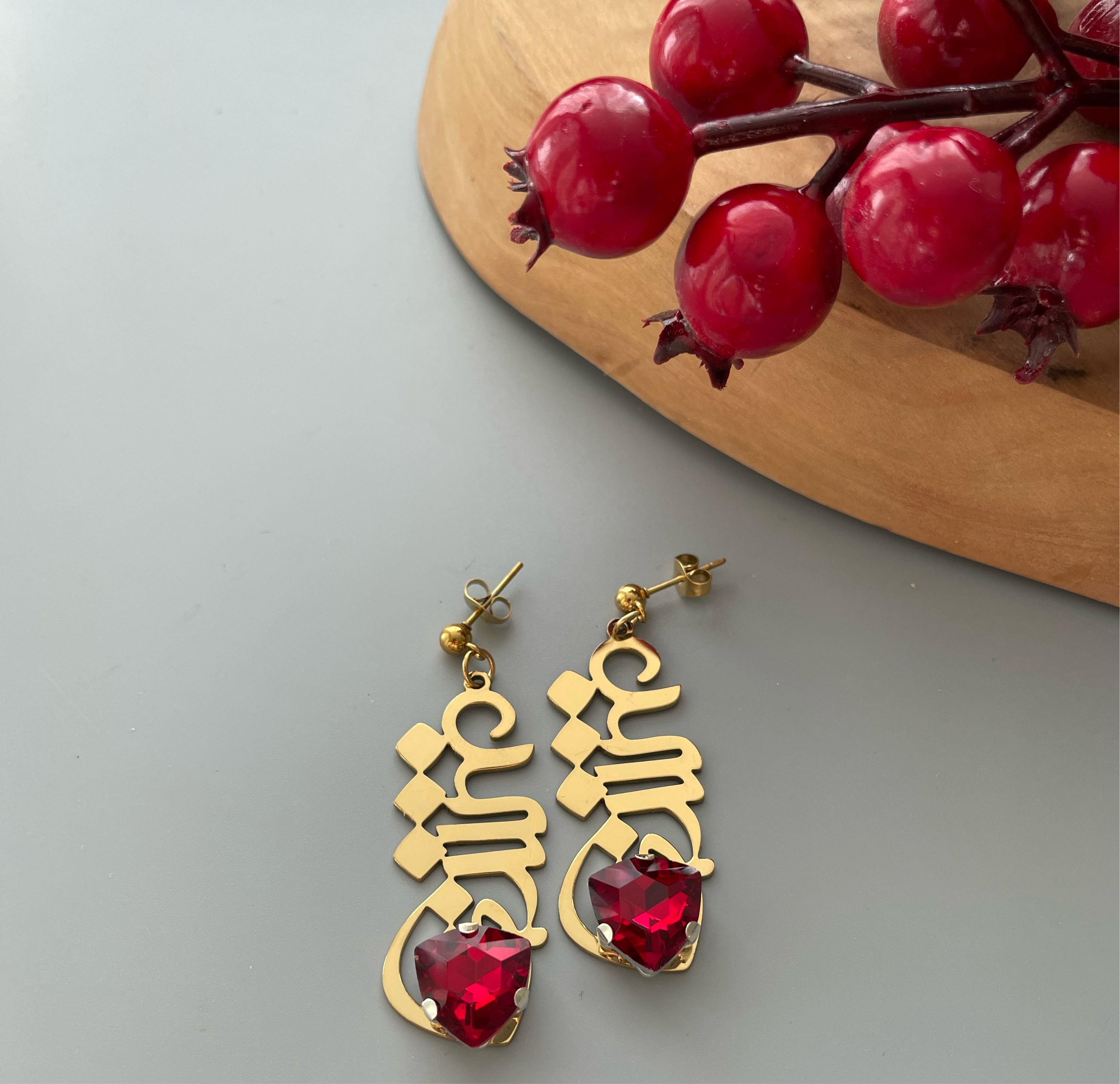 Persian Earring with Red Crystal and Calligraphy