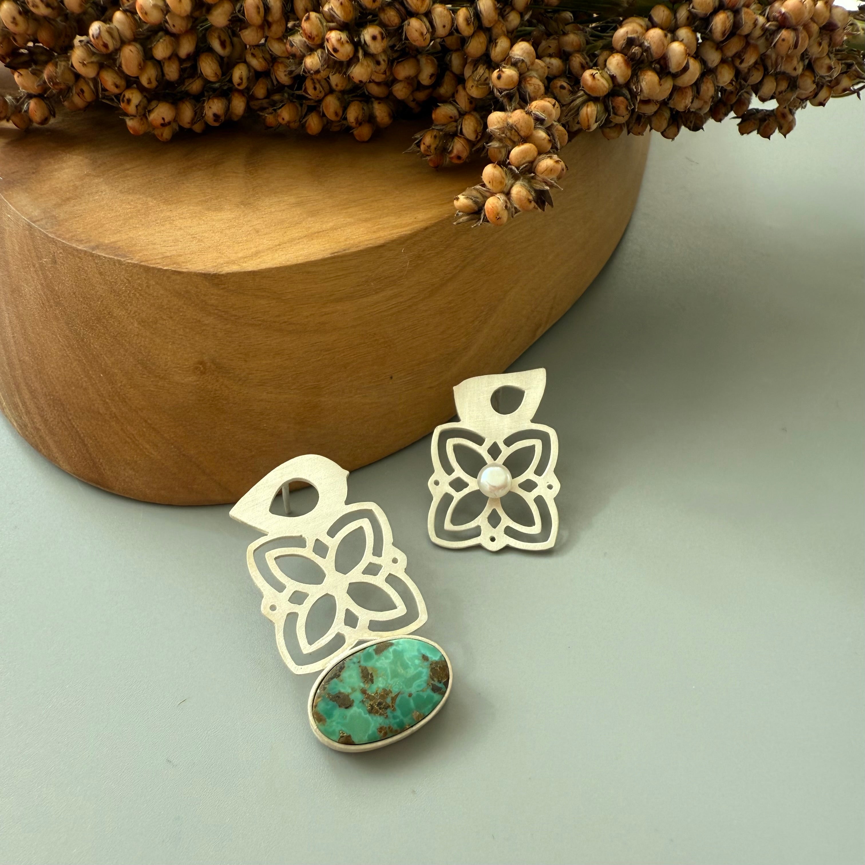 Handmade Earrings with Persian Bird and Flower with Natural Turquoise