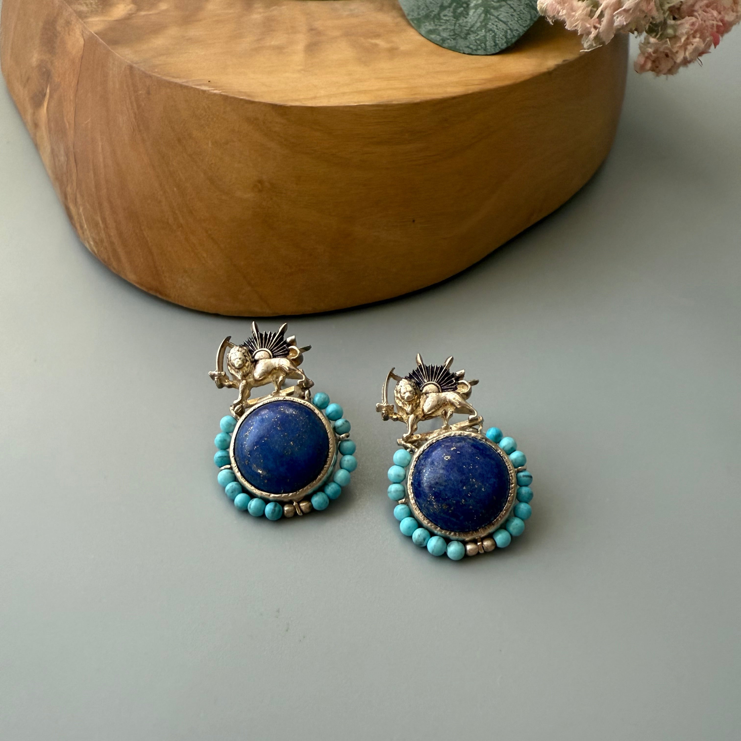 Lion and Sun Silver Earrings with Turquoise and Lazuli