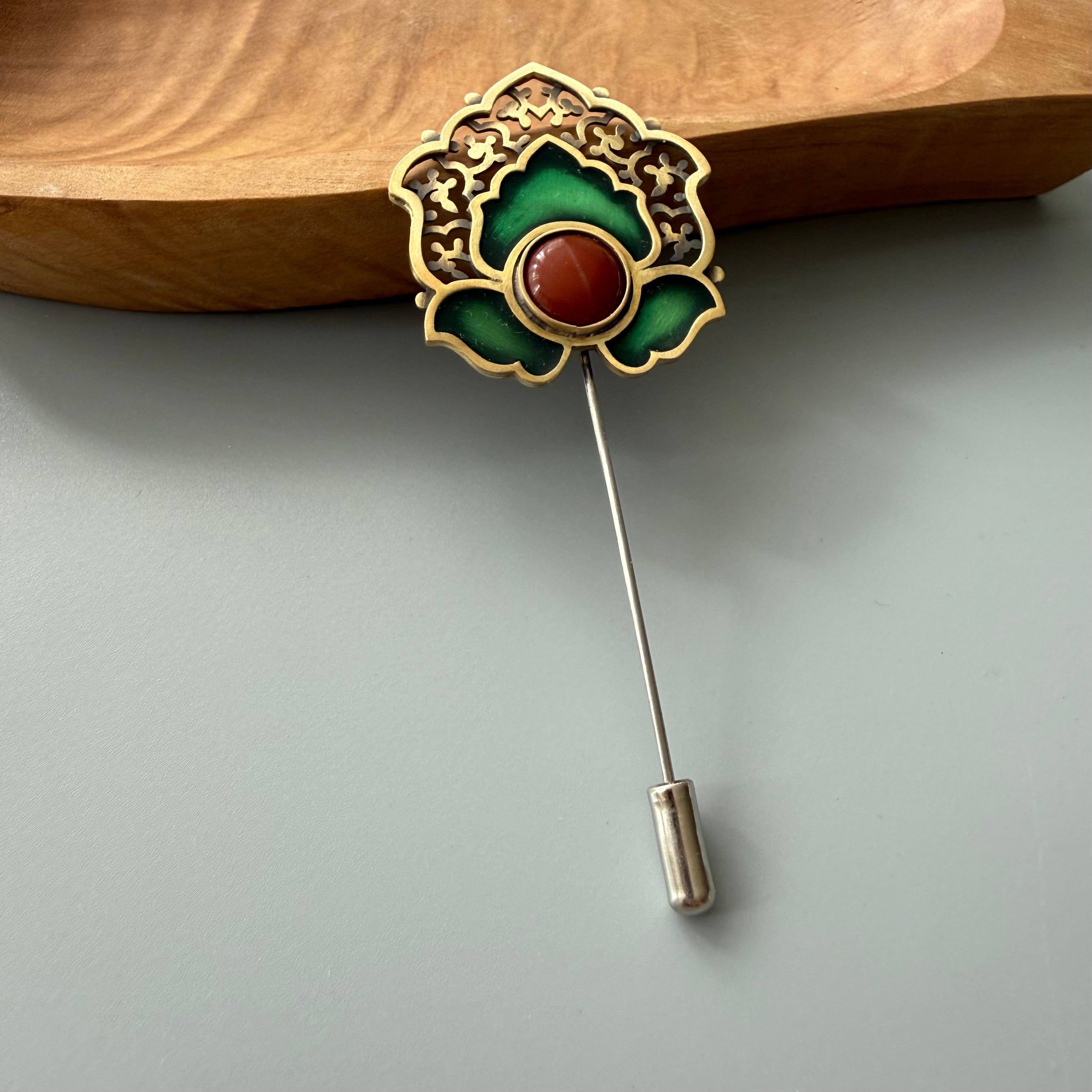 Handmade Engraved Brooch with Enamel and Agate - AFRA ART GALLERY