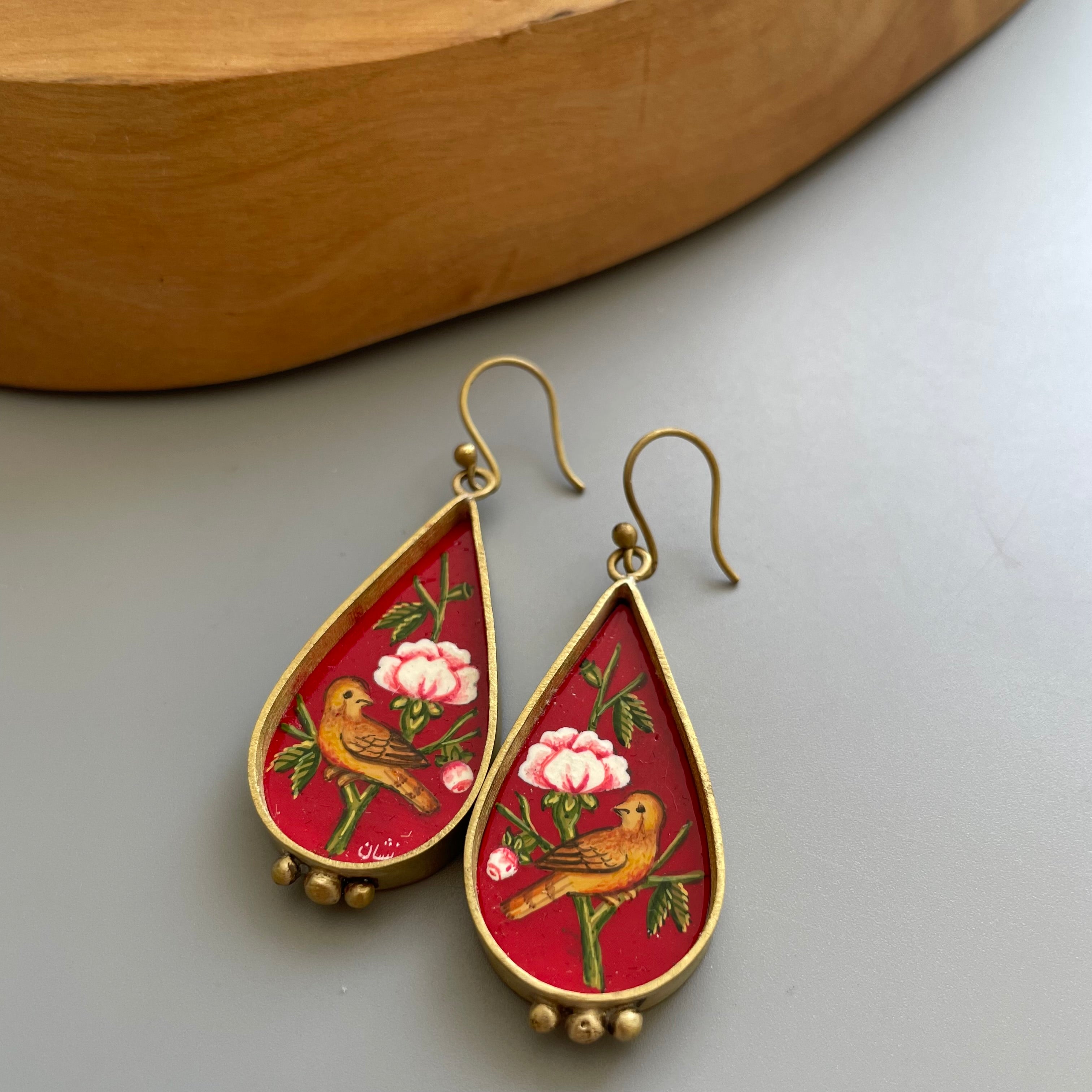 Persian Earrings Fully Hand Painted Persian Earrings in Red with Gol-o-Morgh Design:Persian Jewelry-AFRA ART GALLERY