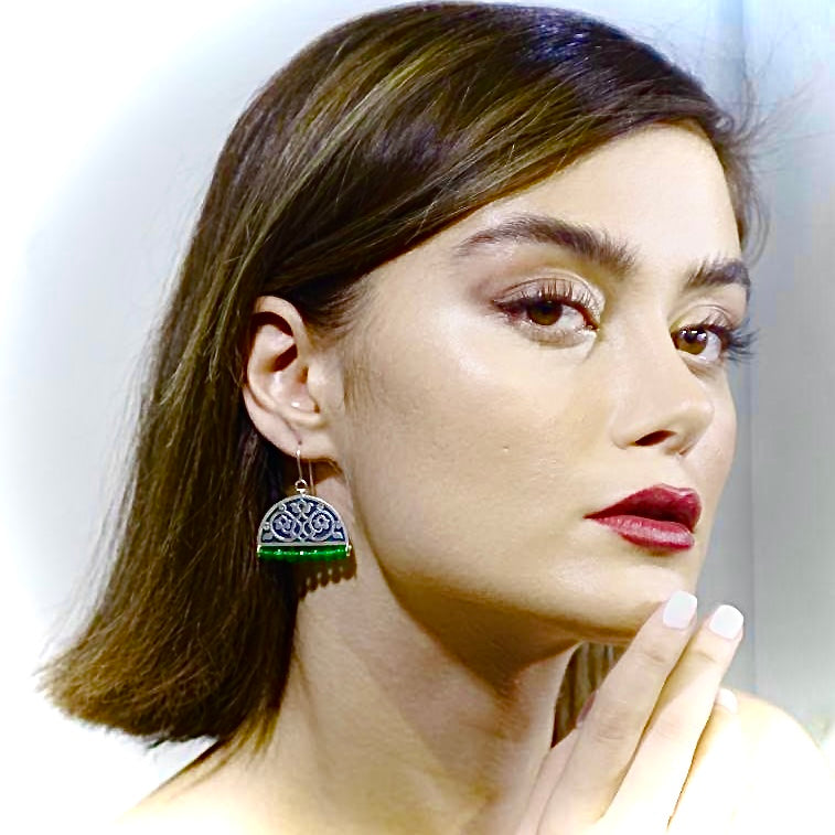 Persian Earrings Handmade Silver Drop Earrings with Green Gemstone:Persian Jewelry-AFRA ART GALLERY